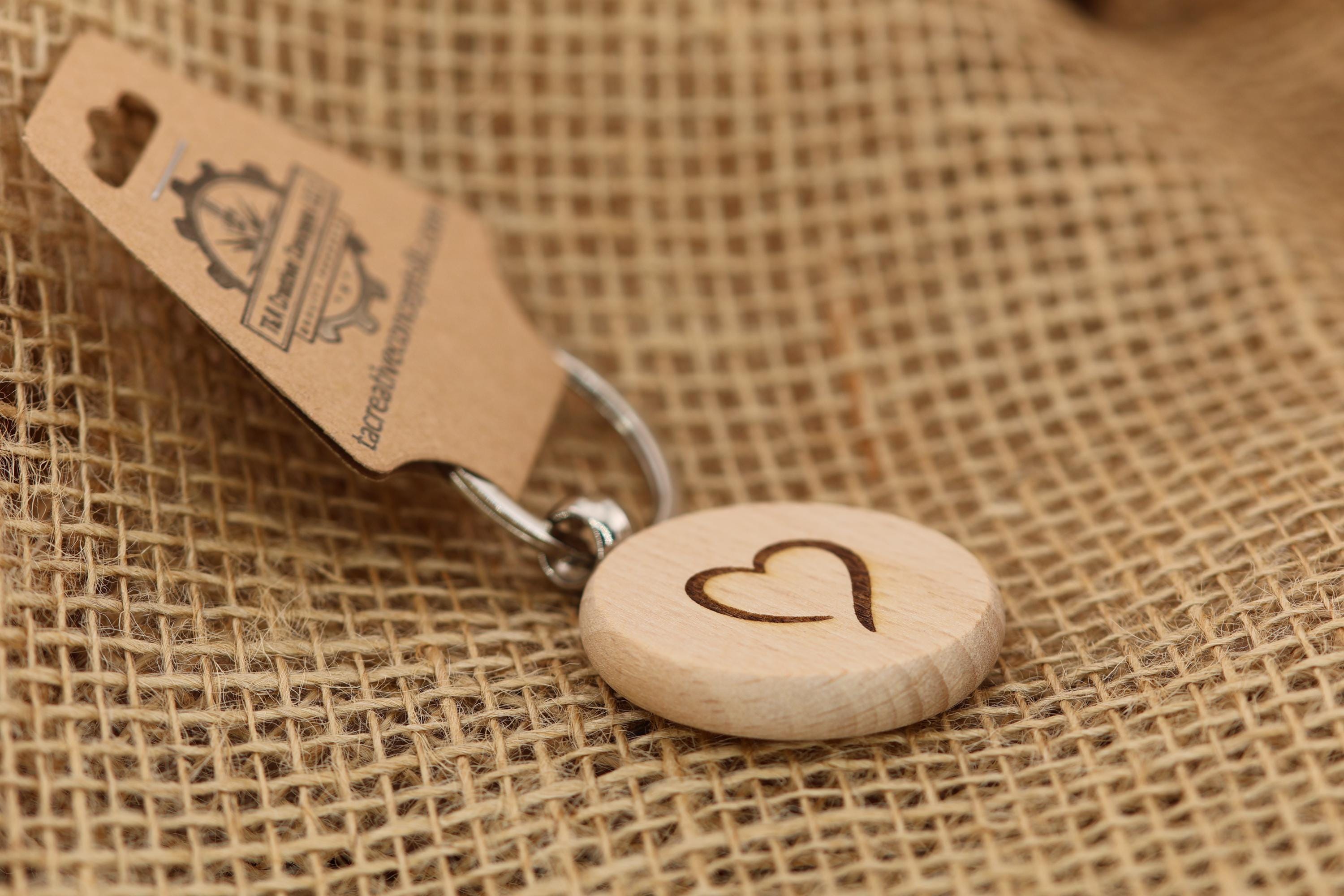 Laser engraved heart keychain / bag charm: hardwood with stainless steel keyring