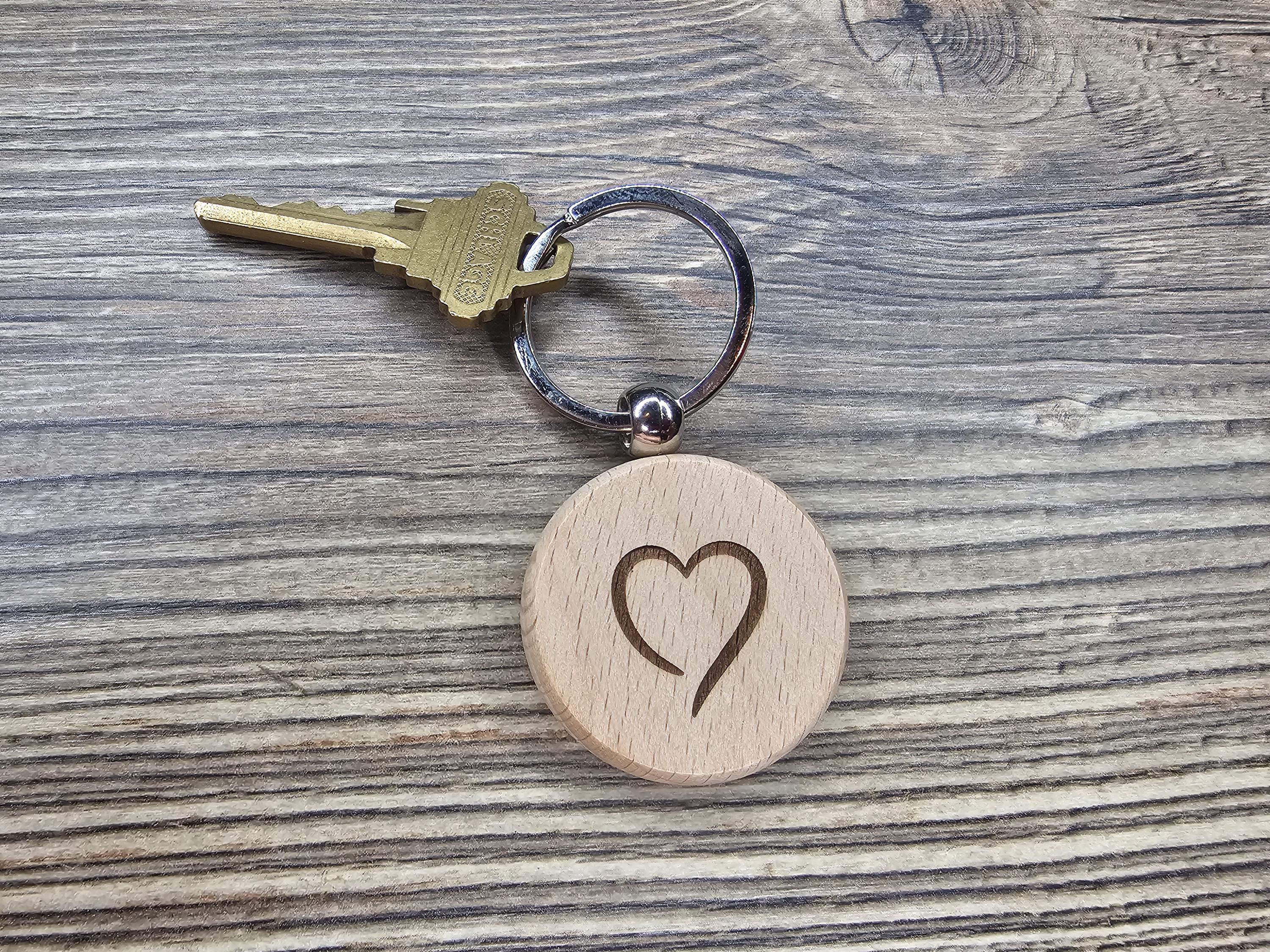 Laser engraved heart keychain / bag charm: hardwood with stainless steel keyring