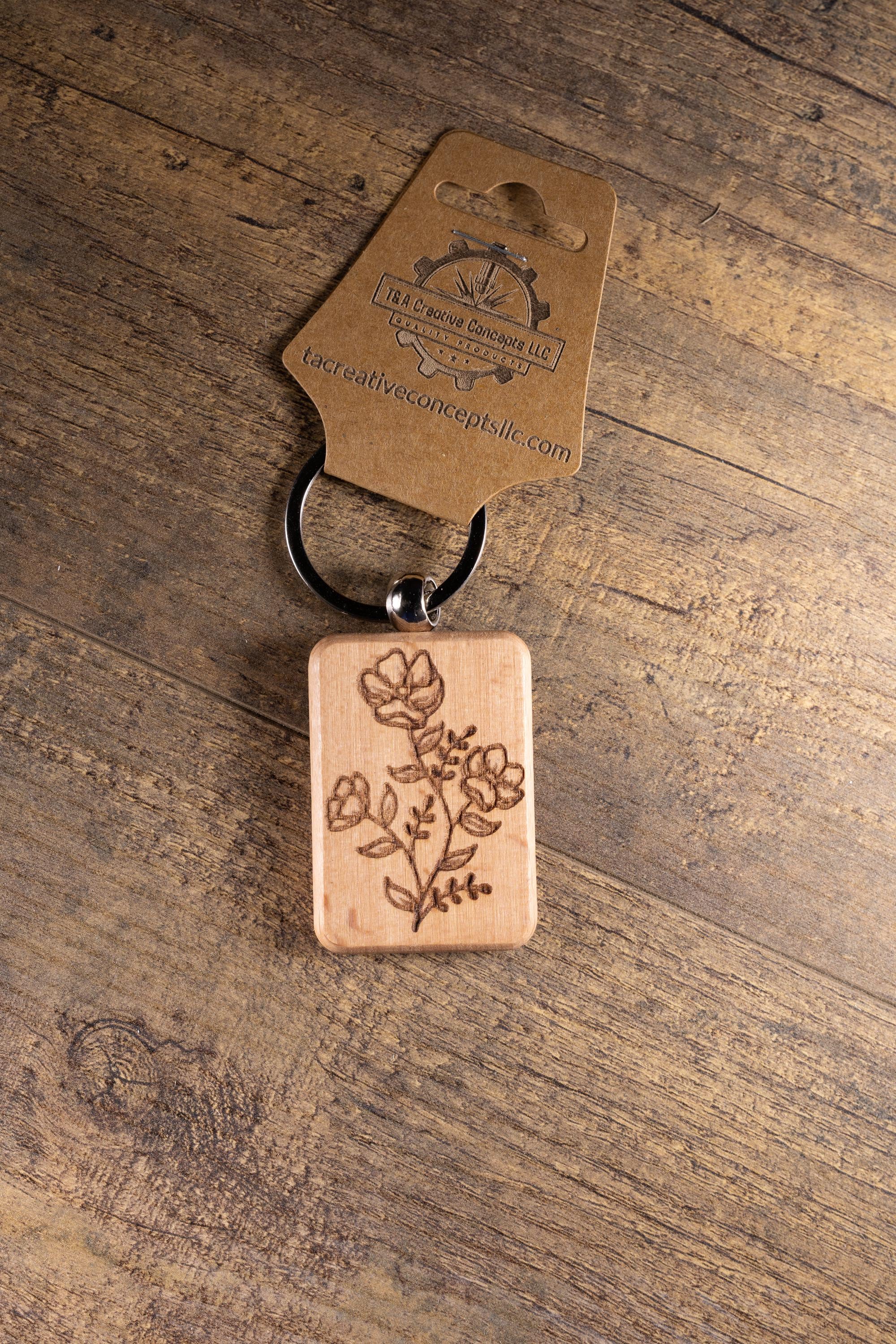 Laser Engraved Wood Floral Bunch Keychain / Bag Charm – Hardwood with Stainless Hardware – Flower Lover Gift