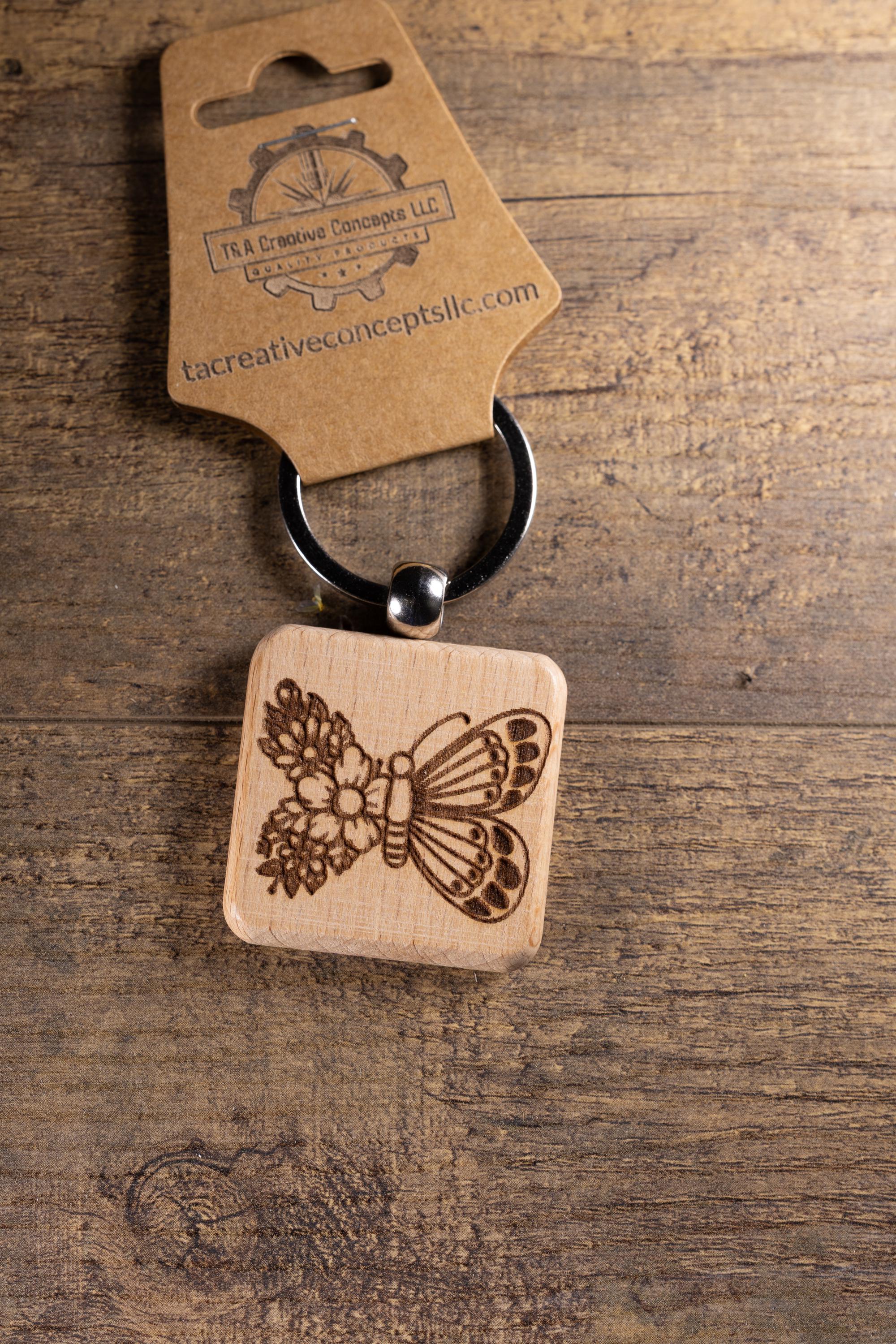 Laser Engraved Wood Floral Butterfly Keychain / Bag Charm – Hardwood with Stainless Hardware – Nature Lover Gift