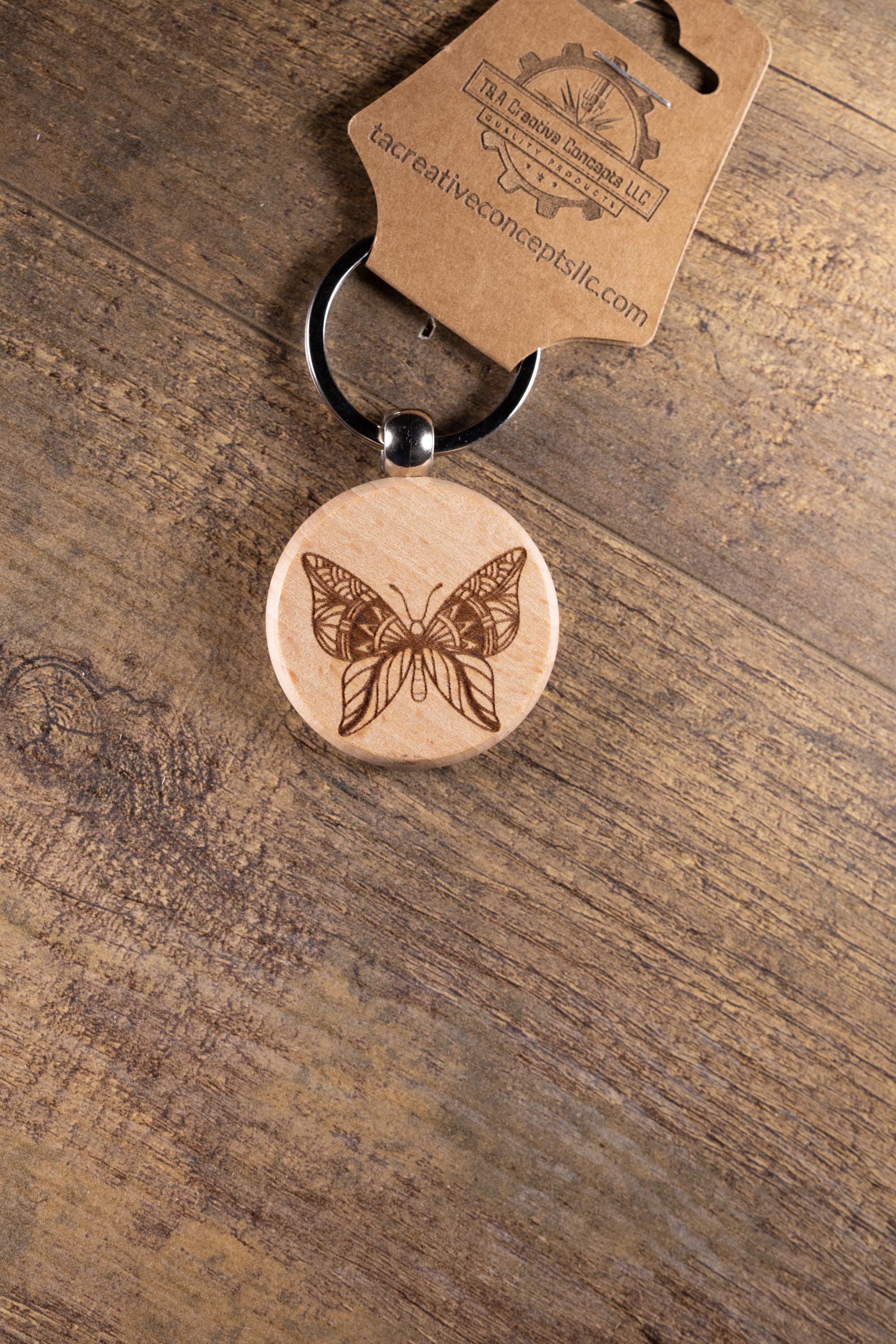 Laser Engraved Wood Butterfly Keychain / Bag Charm – Hardwood with Stainless Hardware – Nature Lover Gift