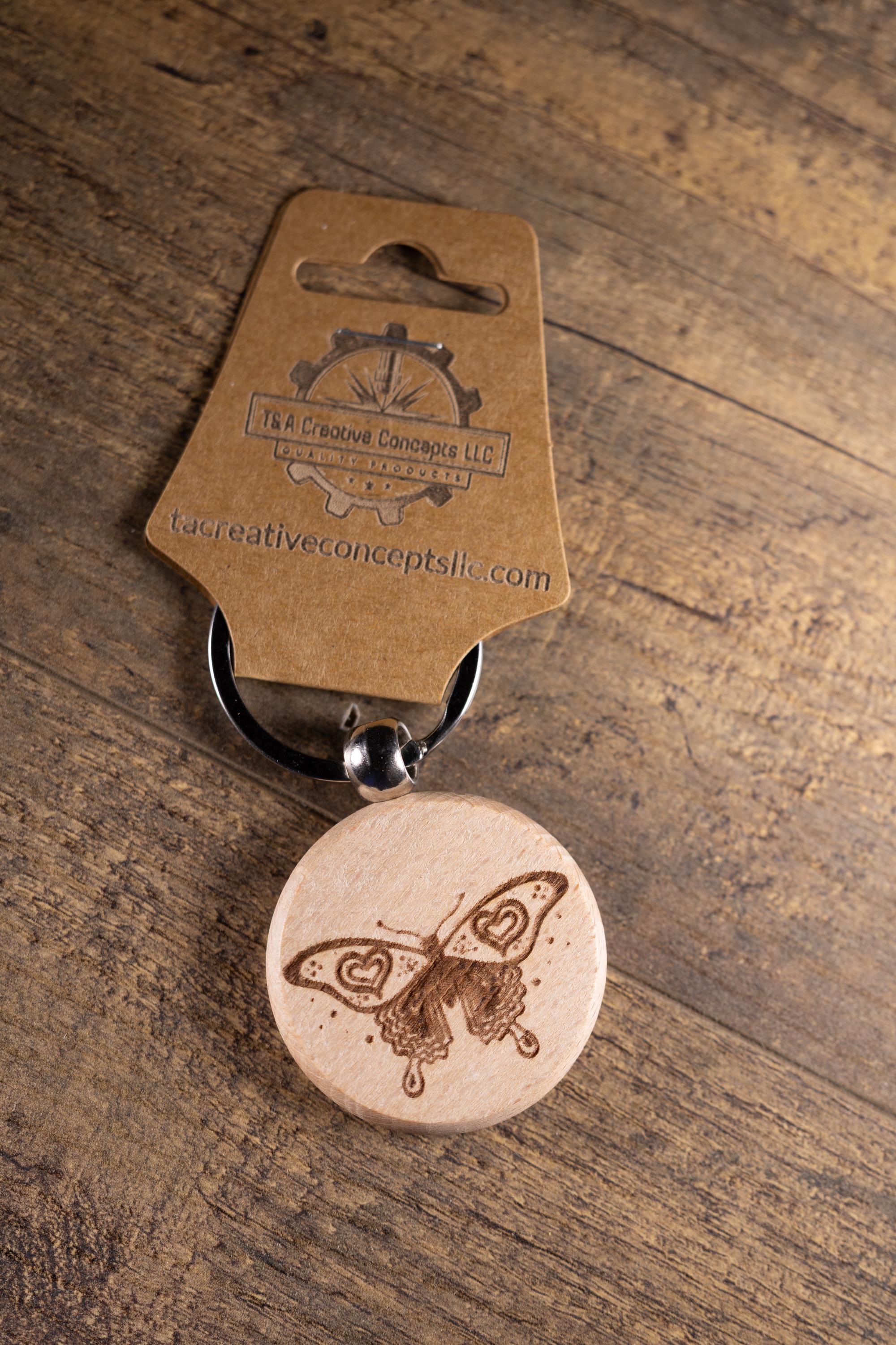 Laser Engraved Wood Butterfly Keychain / Bag Charm – Hardwood with Stainless Hardware – Nature Lover Gift