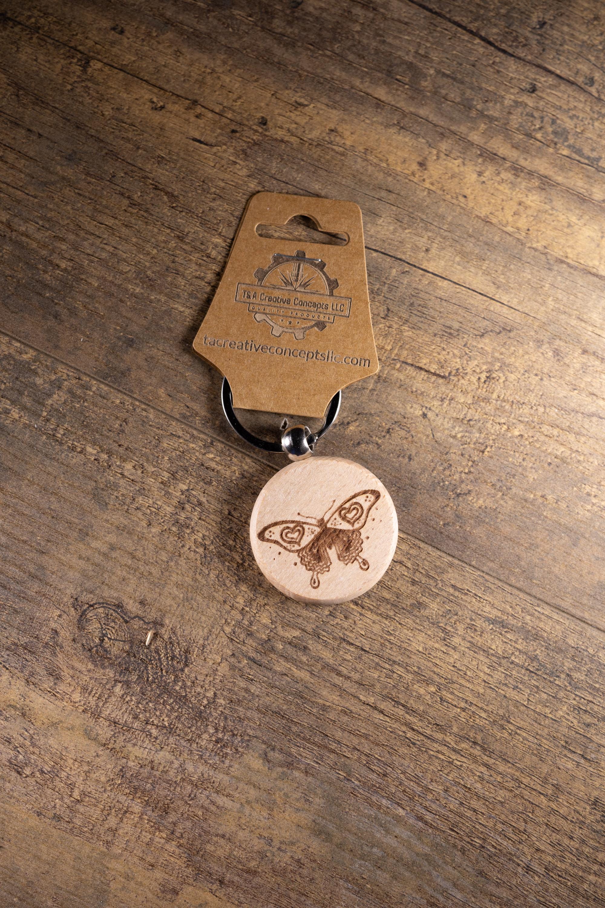 Laser Engraved Wood Butterfly Keychain / Bag Charm – Hardwood with Stainless Hardware – Nature Lover Gift