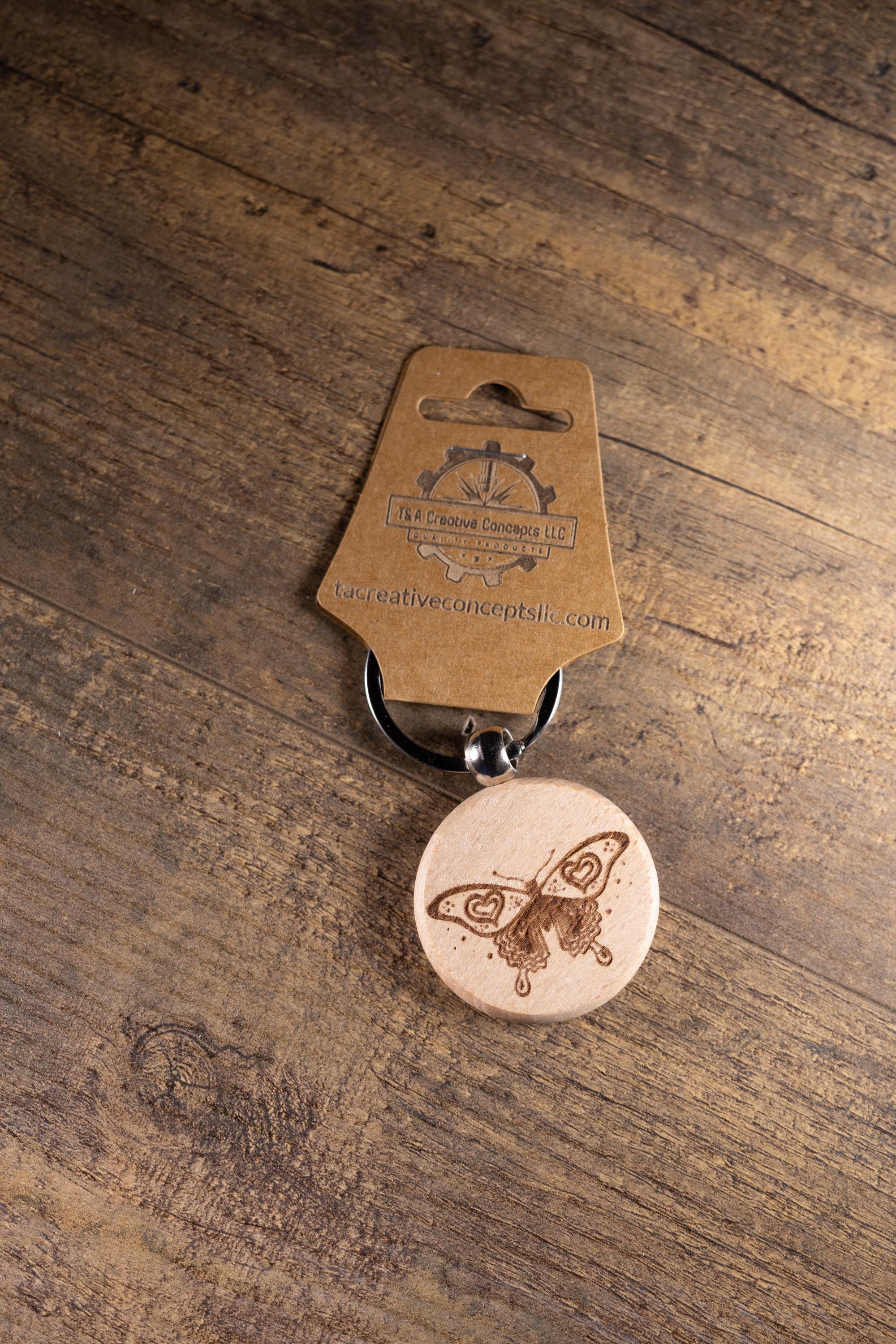Laser Engraved Wood Butterfly Keychain / Bag Charm – Hardwood with Stainless Hardware – Nature Lover Gift