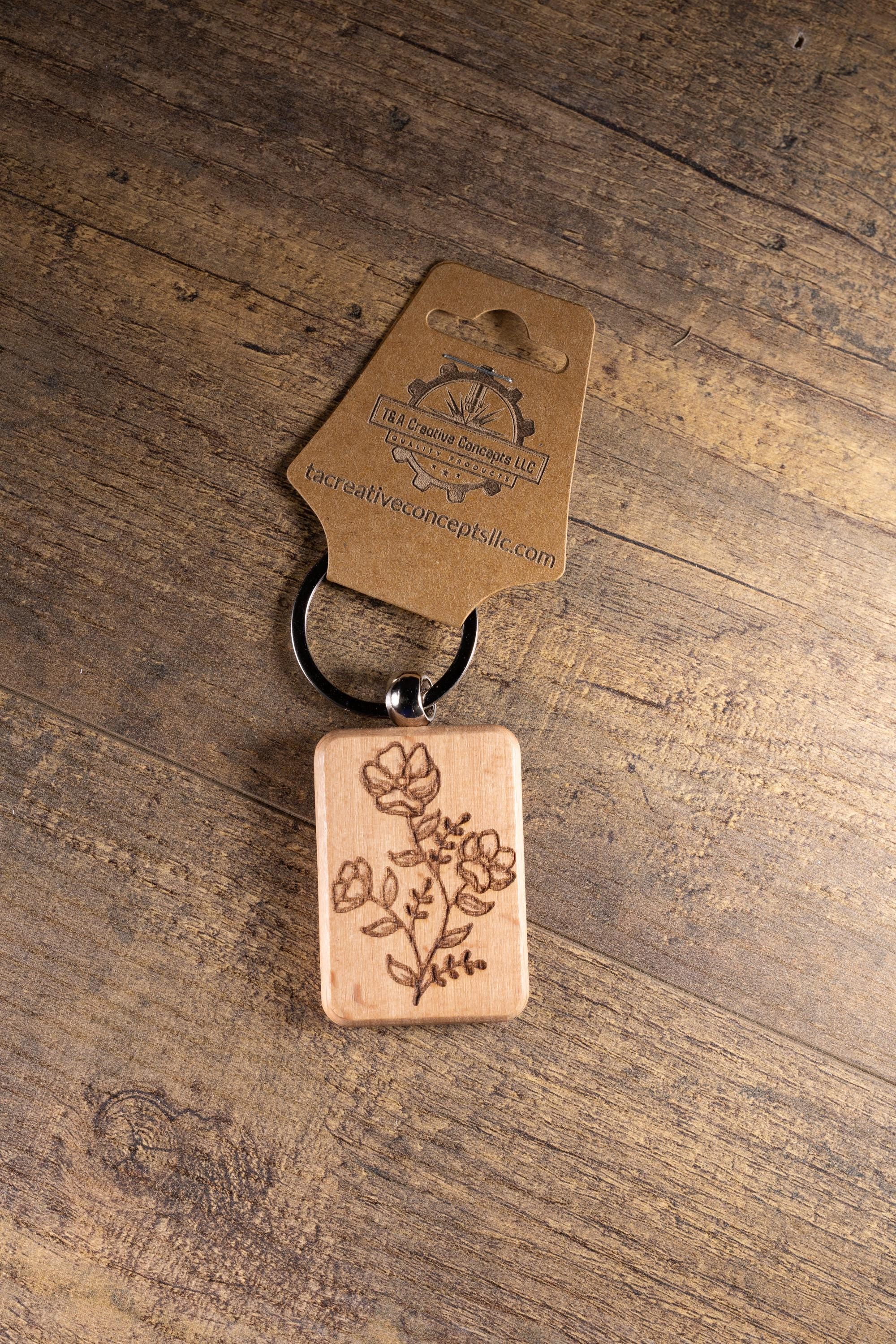 Laser Engraved Wood Floral Bunch Keychain / Bag Charm – Hardwood with Stainless Hardware – Flower Lover Gift