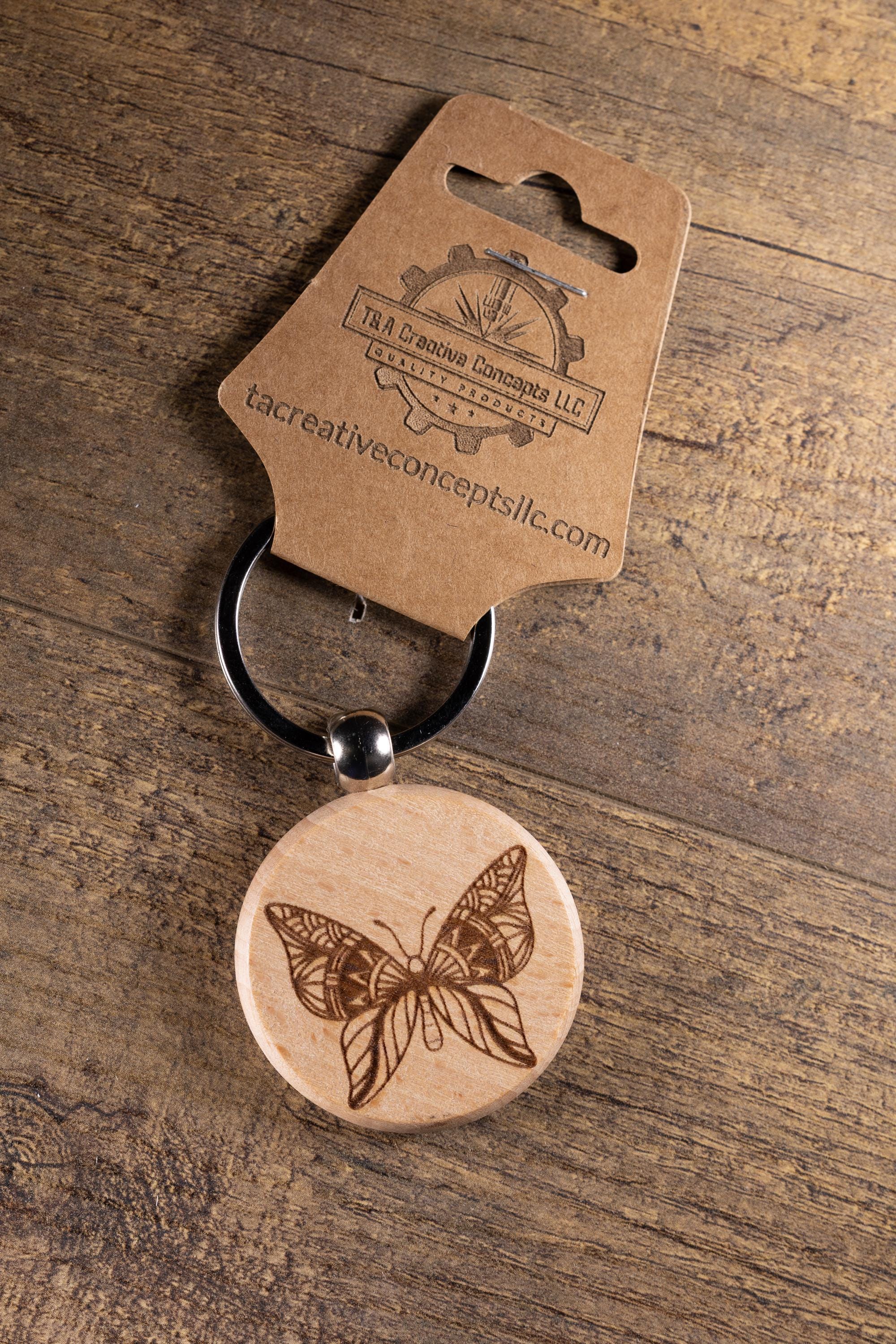 Laser Engraved Wood Butterfly Keychain / Bag Charm – Hardwood with Stainless Hardware – Nature Lover Gift
