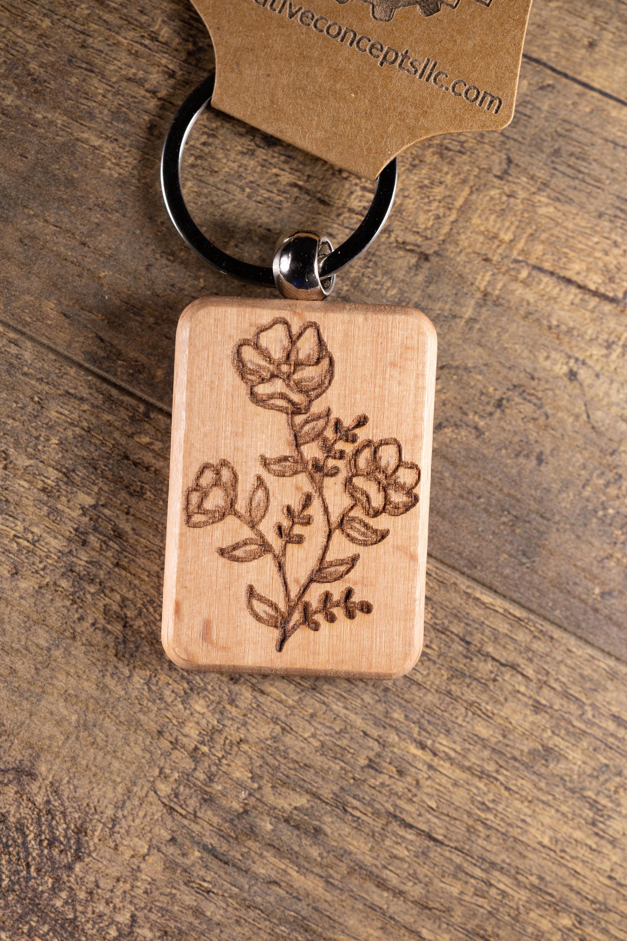 Laser Engraved Wood Floral Bunch Keychain / Bag Charm – Hardwood with Stainless Hardware – Flower Lover Gift
