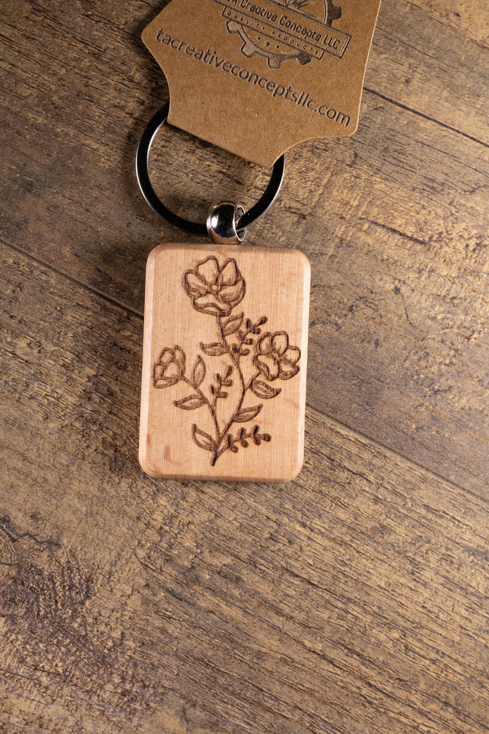 Laser Engraved Wood Floral Bunch Keychain / Bag Charm – Hardwood with Stainless Hardware – Flower Lover Gift