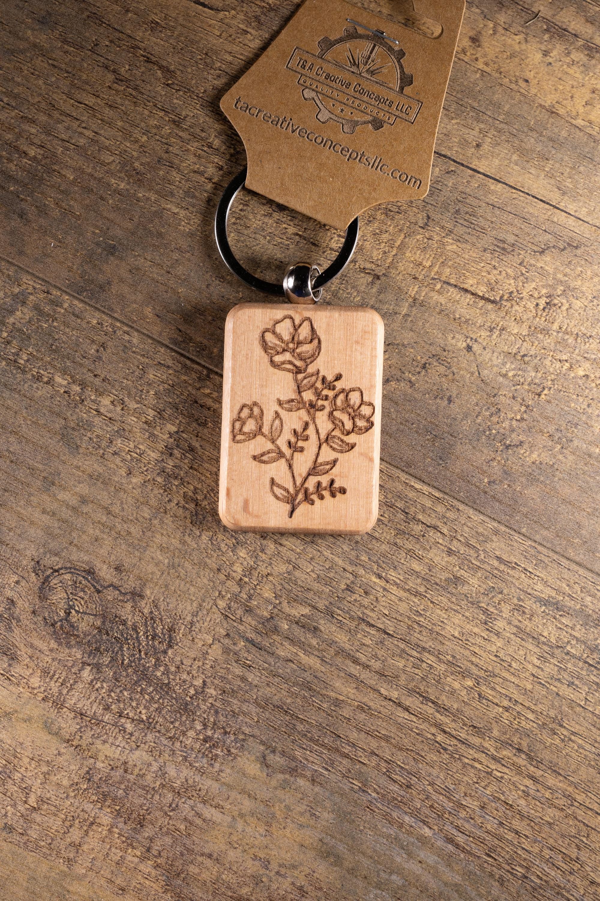 Laser Engraved Wood Floral Bunch Keychain / Bag Charm – Hardwood with Stainless Hardware – Flower Lover Gift