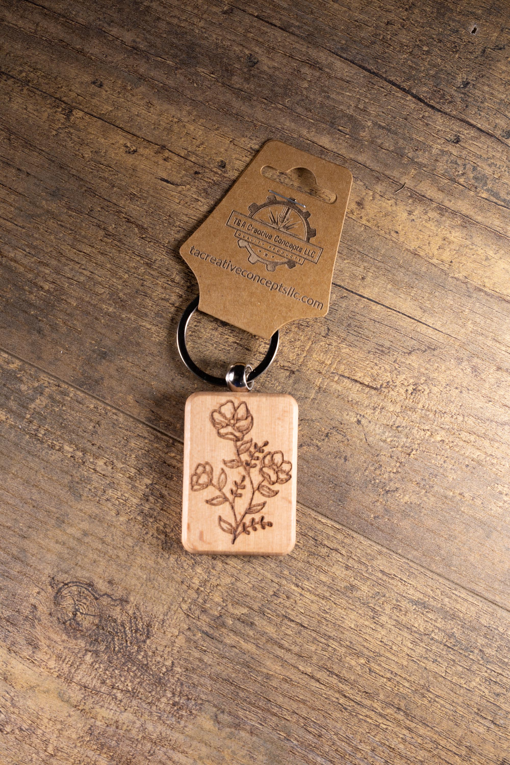 Laser Engraved Wood Floral Bunch Keychain / Bag Charm – Hardwood with Stainless Hardware – Flower Lover Gift