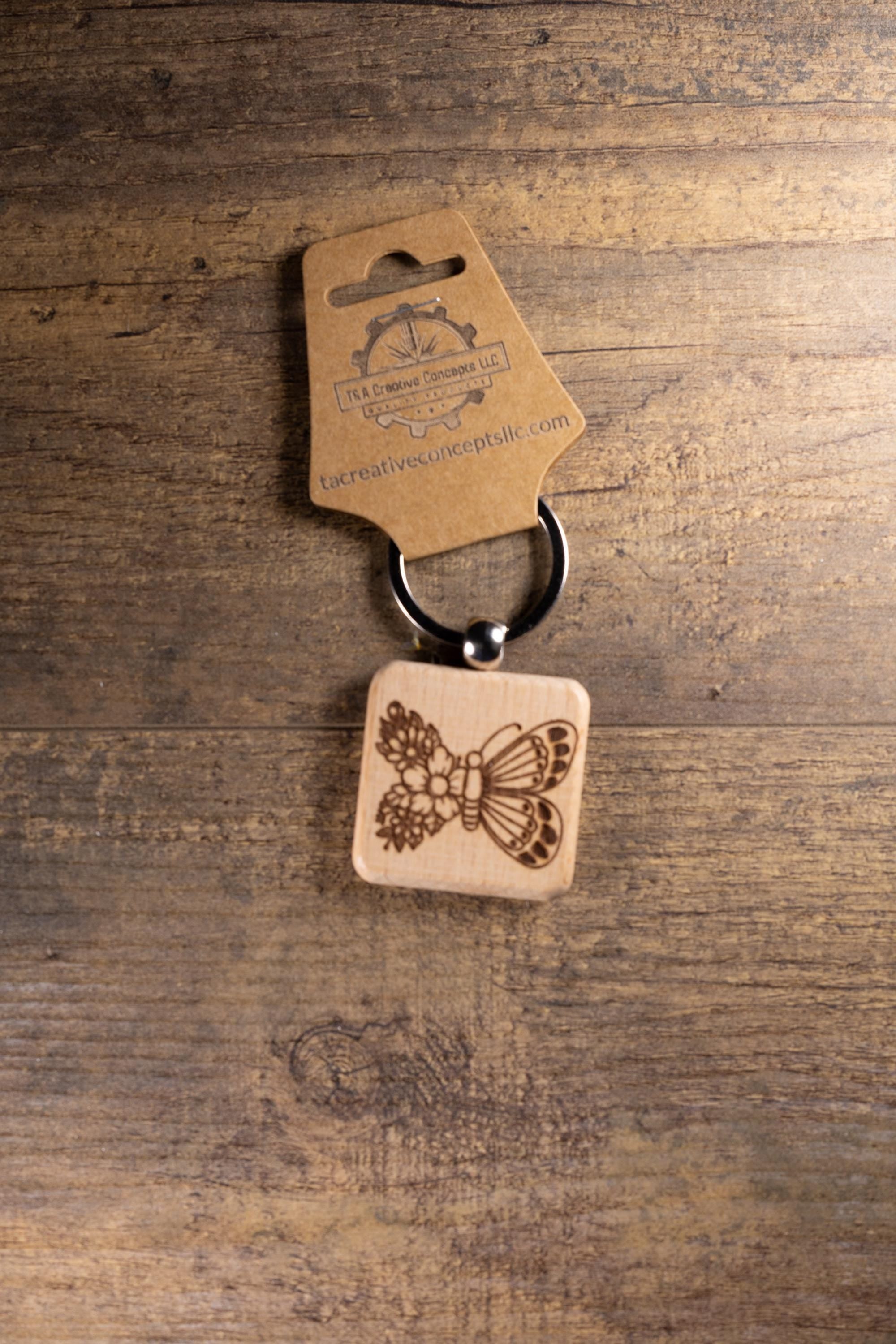 Laser Engraved Wood Floral Butterfly Keychain / Bag Charm – Hardwood with Stainless Hardware – Nature Lover Gift