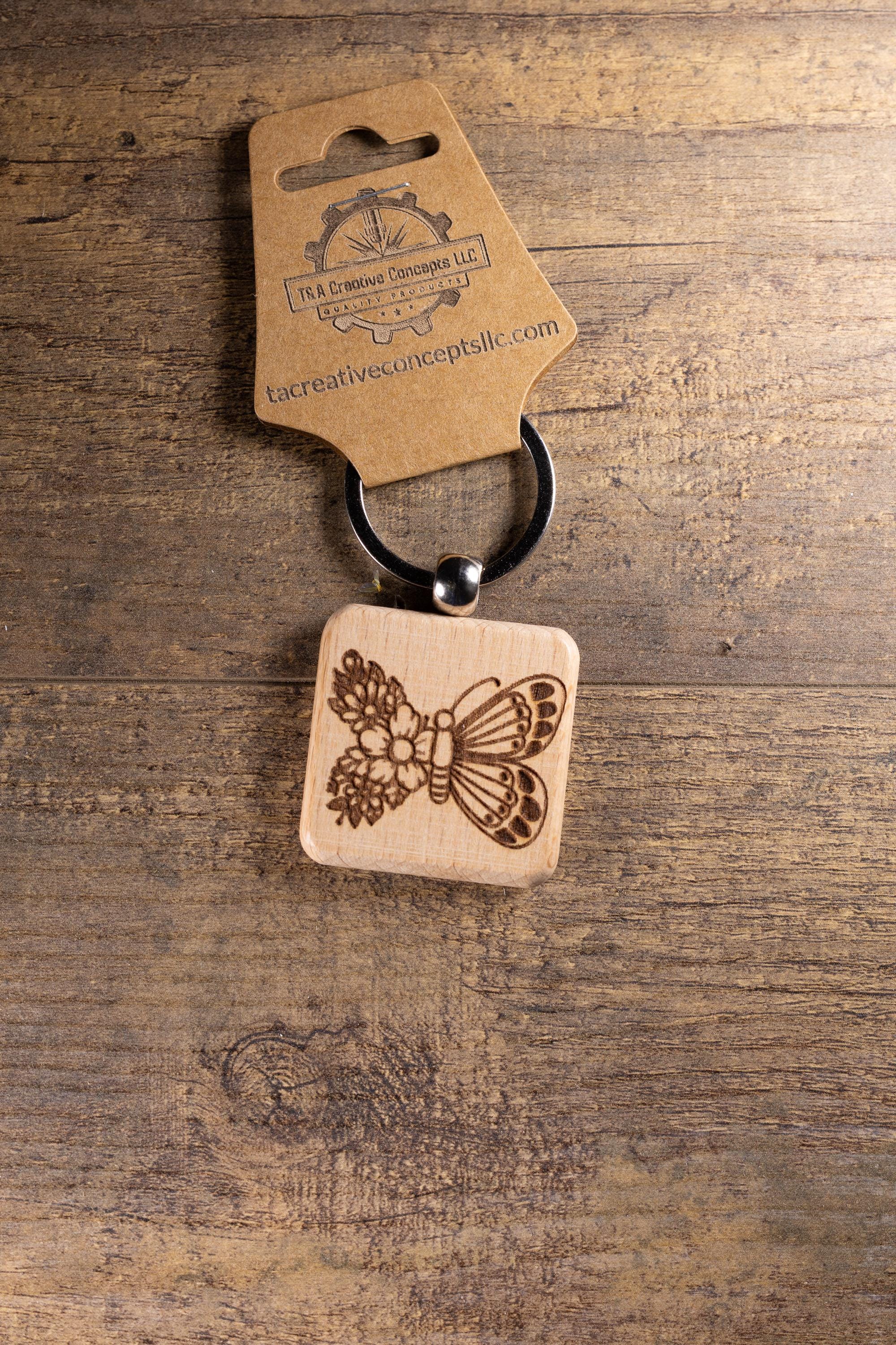 Laser Engraved Wood Floral Butterfly Keychain / Bag Charm – Hardwood with Stainless Hardware – Nature Lover Gift