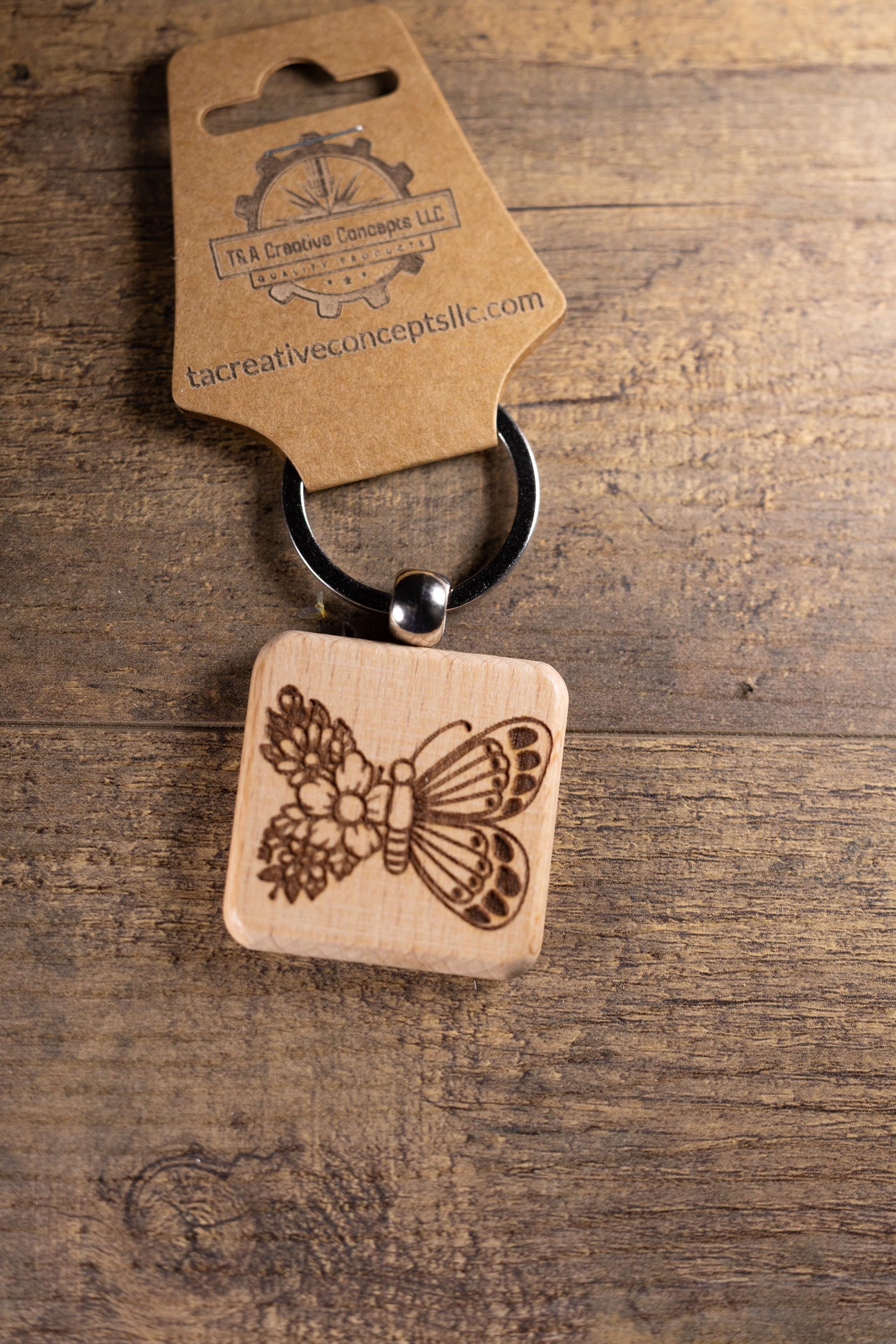 Laser Engraved Wood Floral Butterfly Keychain / Bag Charm – Hardwood with Stainless Hardware – Nature Lover Gift