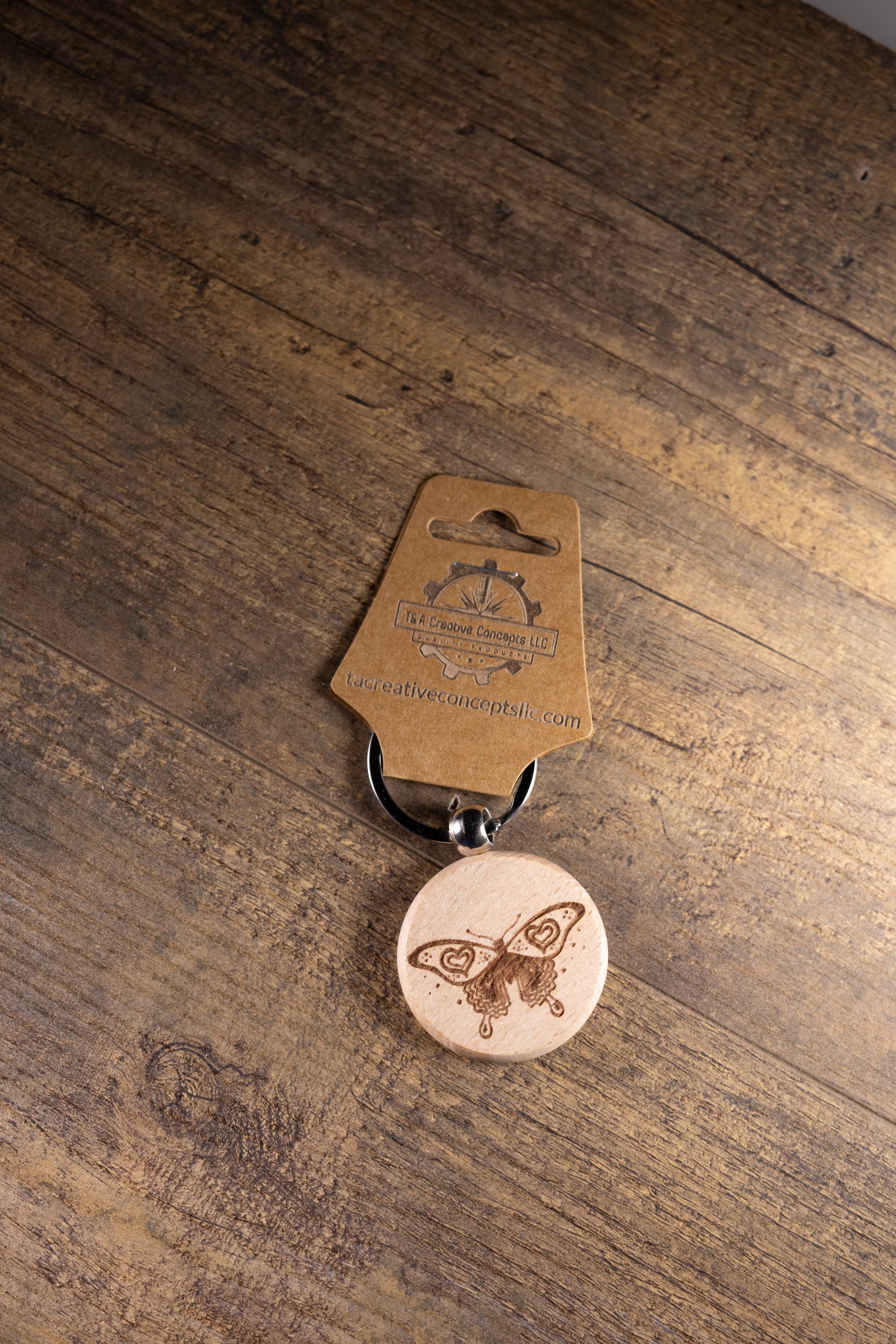 Laser Engraved Wood Butterfly Keychain / Bag Charm – Hardwood with Stainless Hardware – Nature Lover Gift