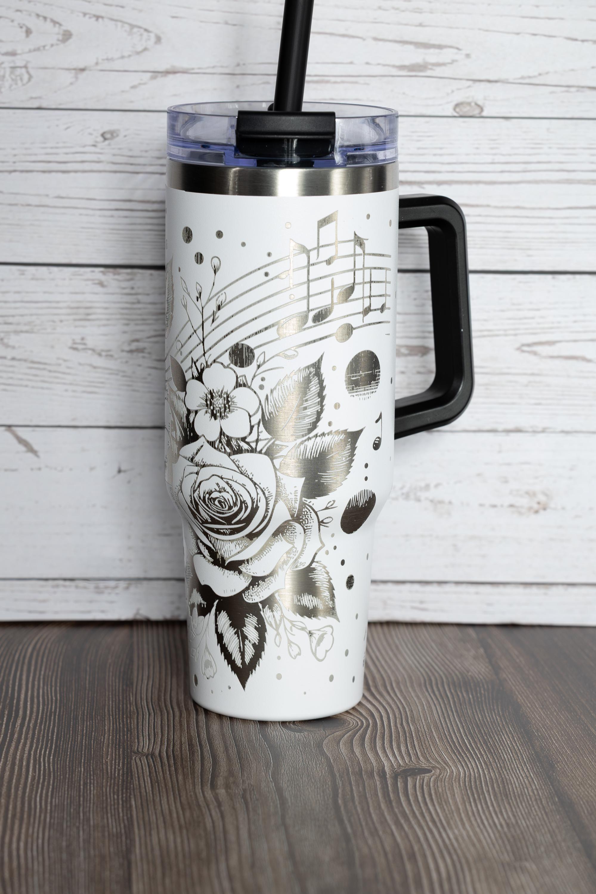Music and roses tumbler: laser engraved 40oz floral gift