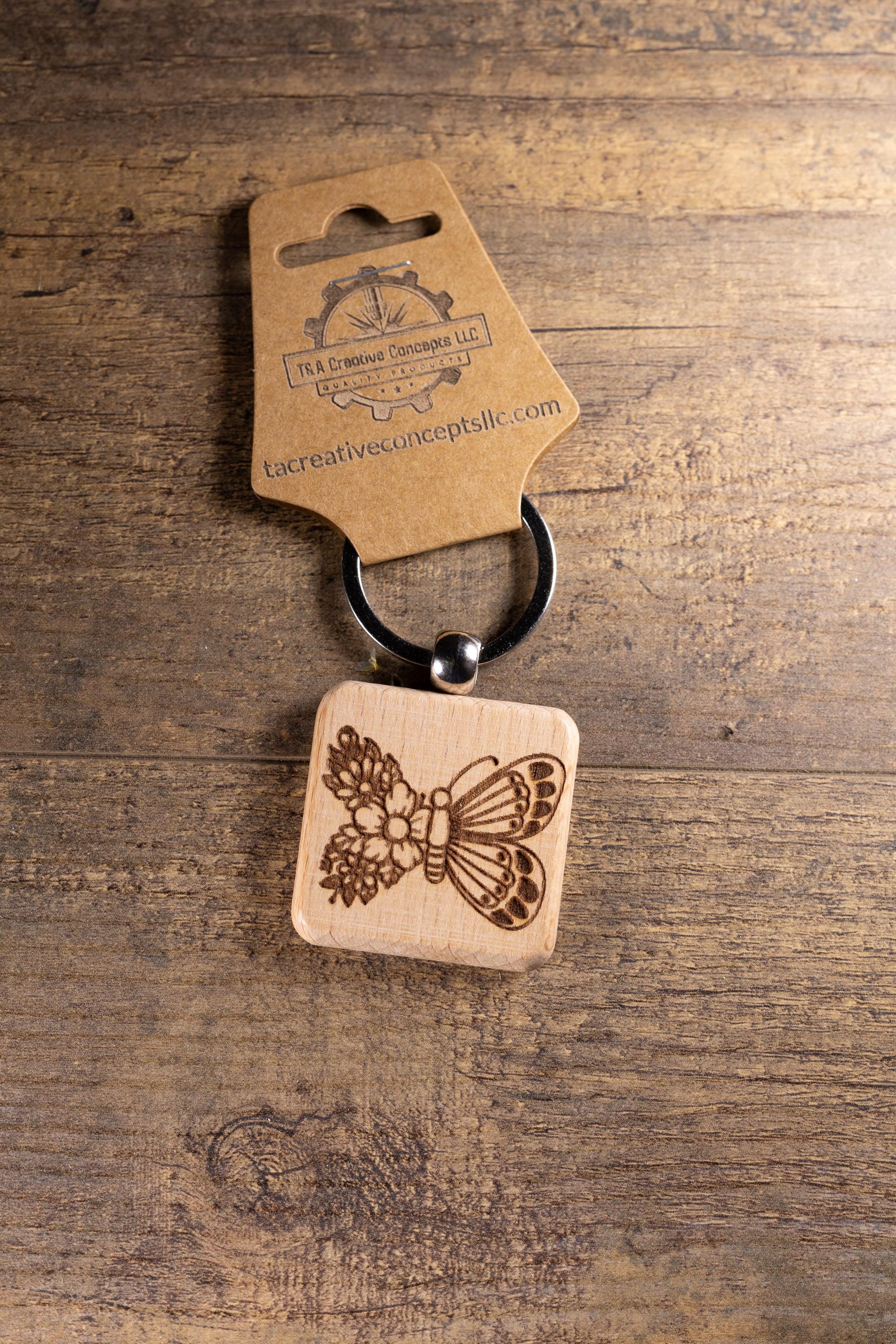 Laser Engraved Wood Floral Butterfly Keychain / Bag Charm – Hardwood with Stainless Hardware – Nature Lover Gift