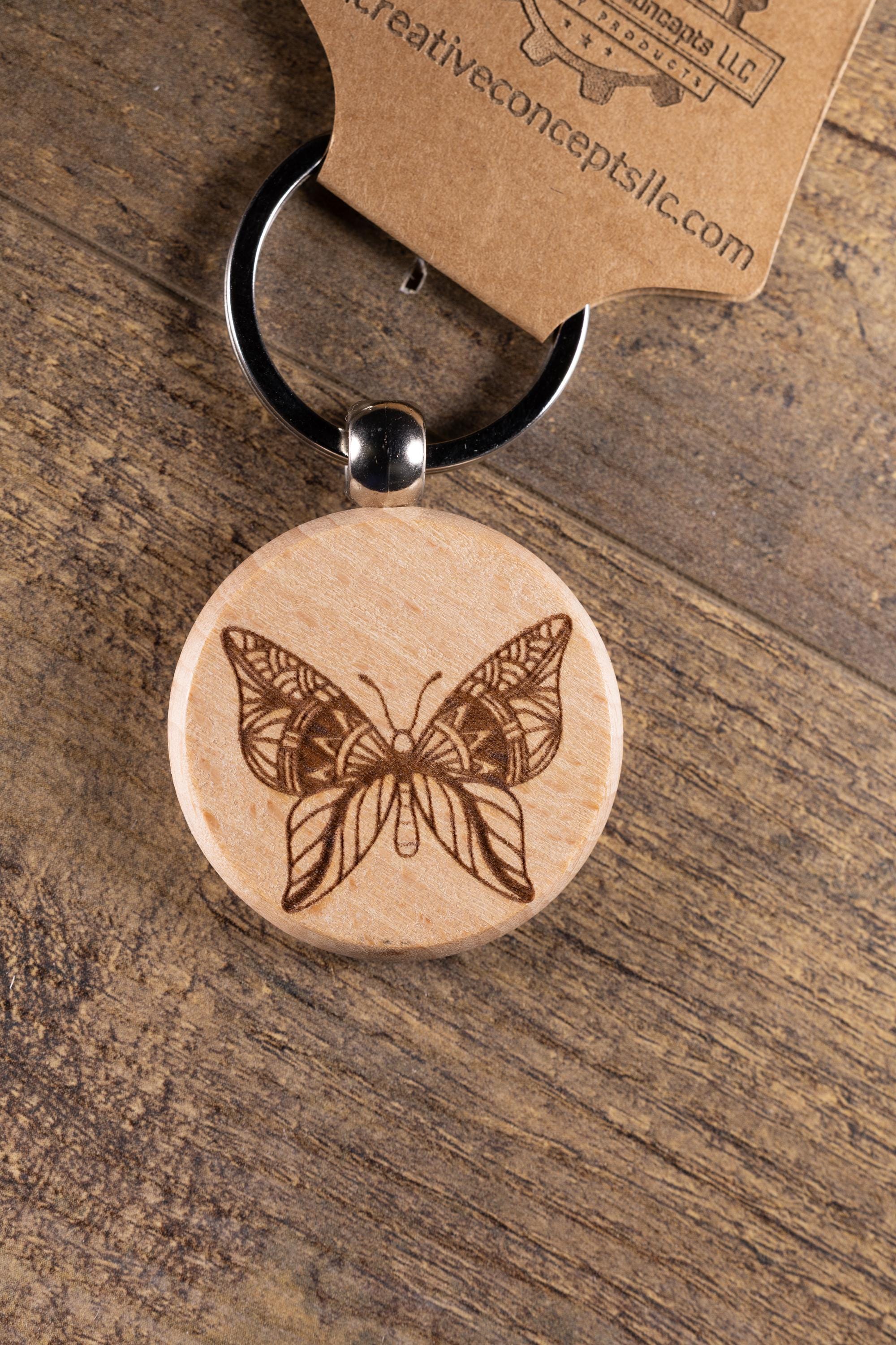 Laser Engraved Wood Butterfly Keychain / Bag Charm – Hardwood with Stainless Hardware – Nature Lover Gift