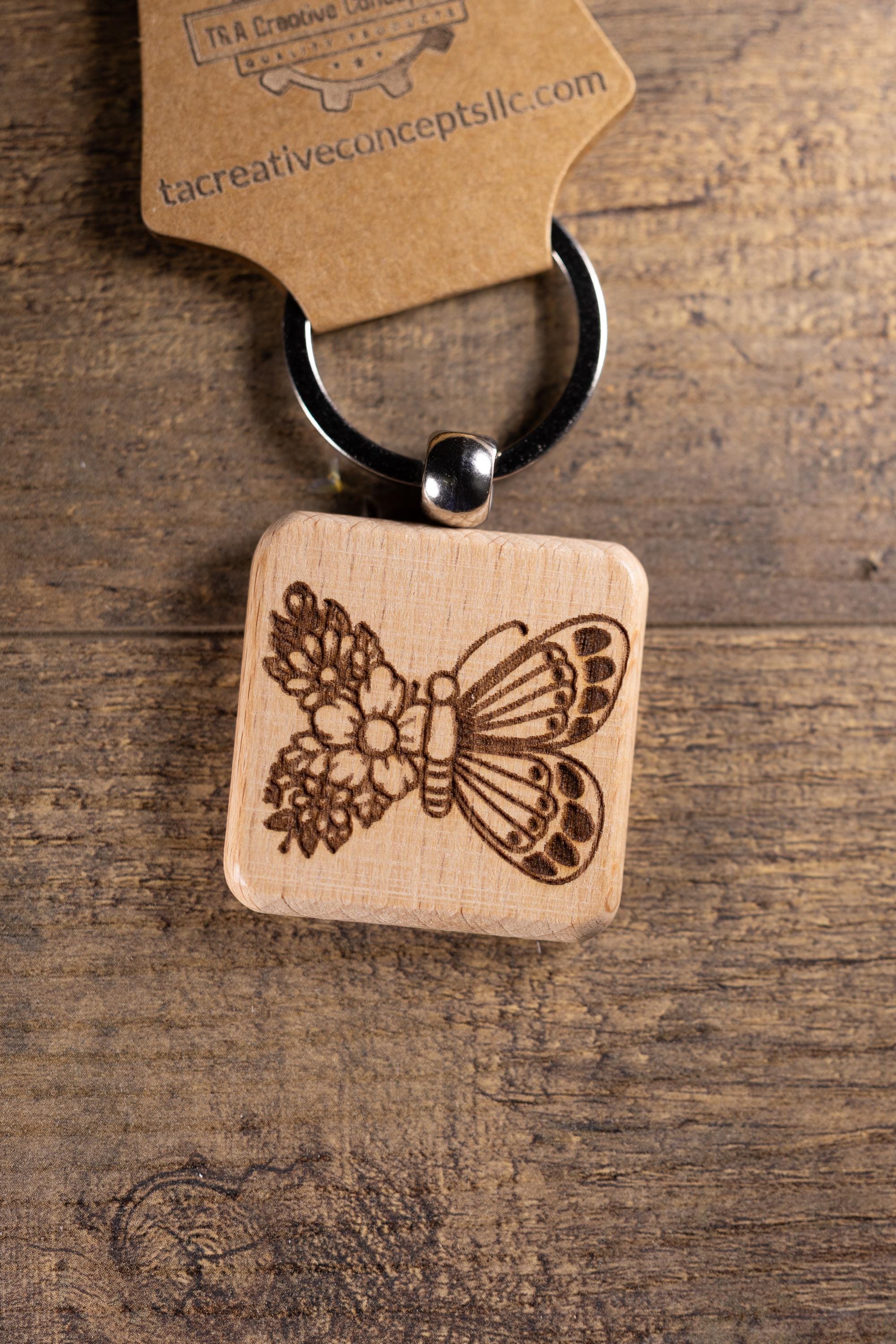 Laser Engraved Wood Floral Butterfly Keychain / Bag Charm – Hardwood with Stainless Hardware – Nature Lover Gift