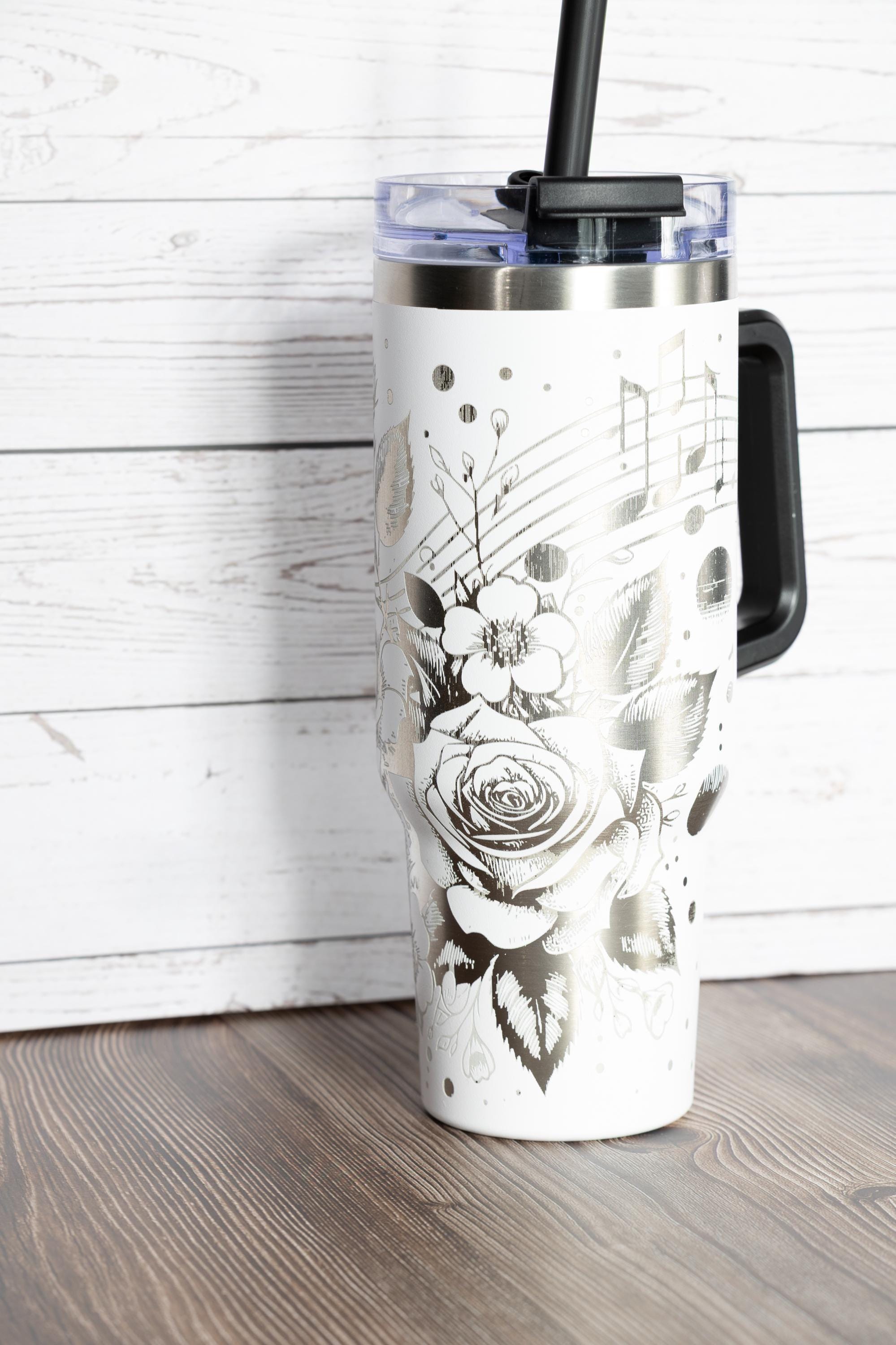 Music and roses tumbler: laser engraved 40oz floral gift