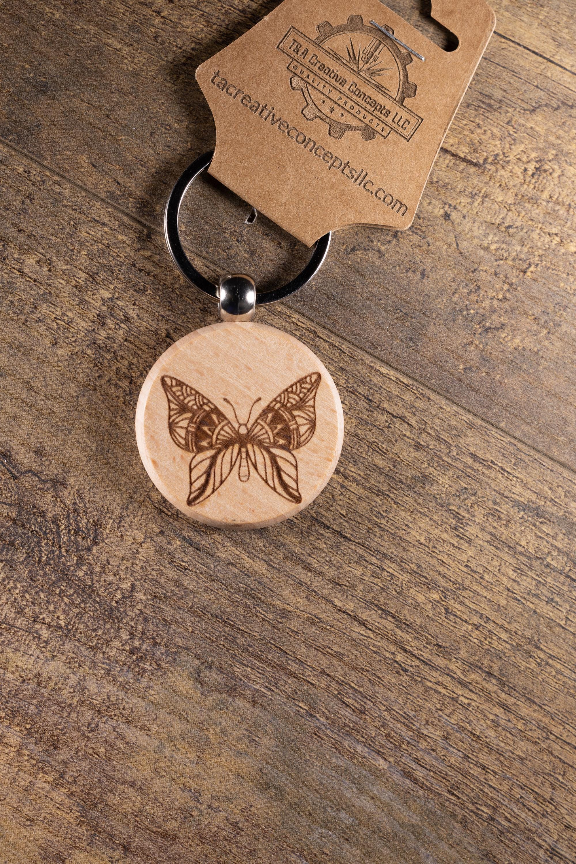 Laser Engraved Wood Butterfly Keychain / Bag Charm – Hardwood with Stainless Hardware – Nature Lover Gift