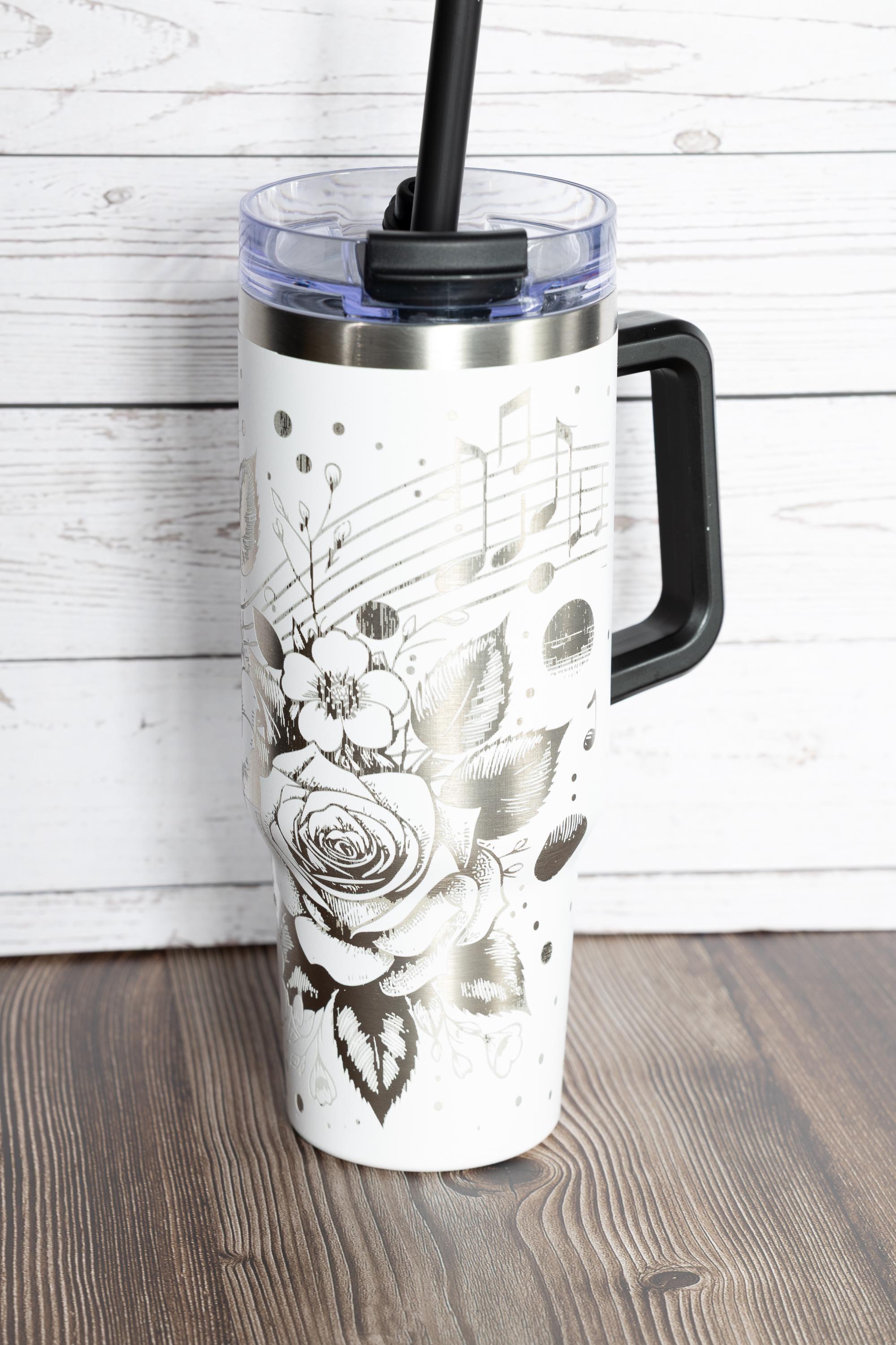 Music and roses tumbler: laser engraved 40oz floral gift
