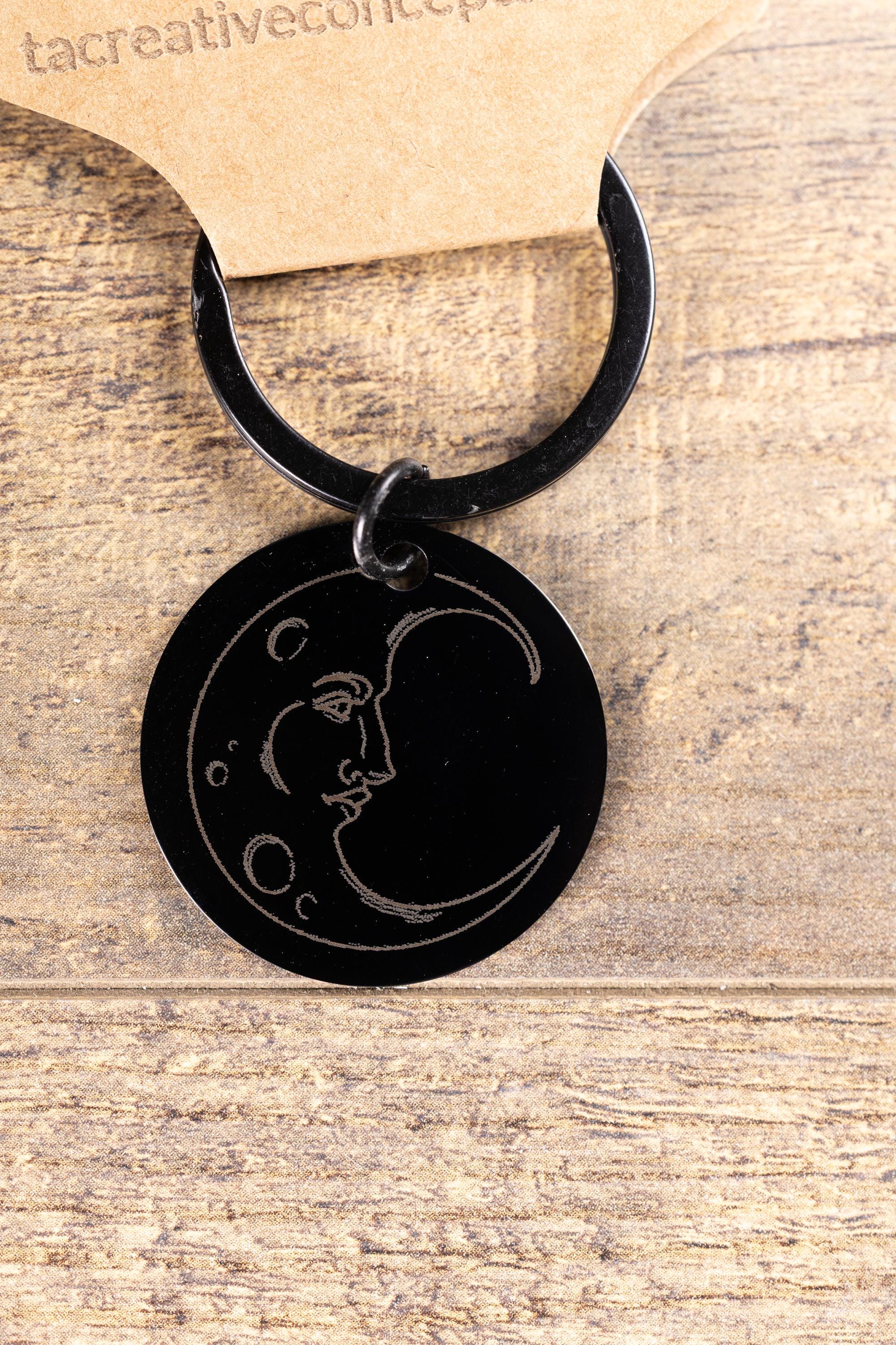 Black stainless steel moon keychain: laser engraved celestial gift