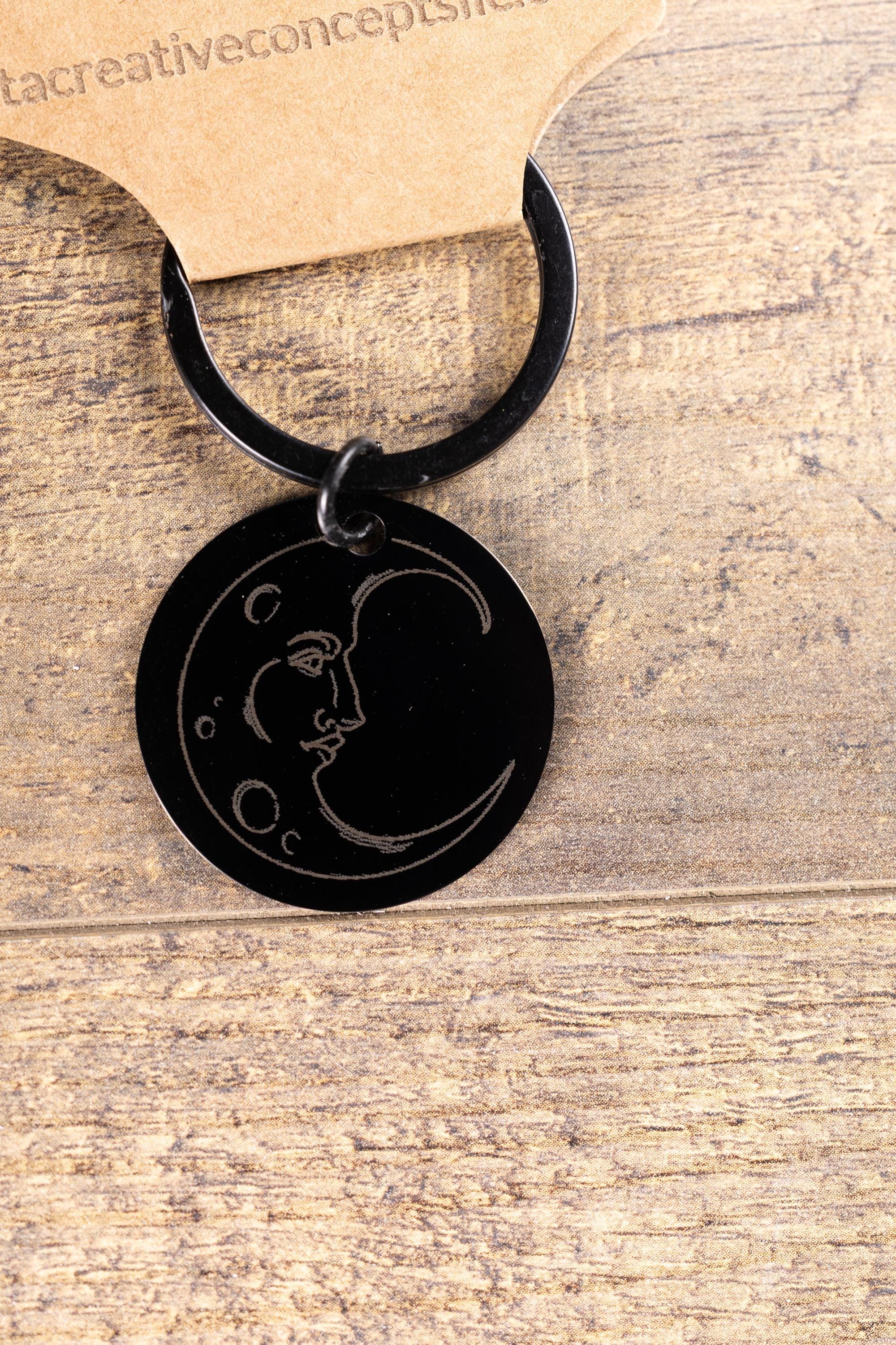 Black stainless steel moon keychain: laser engraved celestial gift
