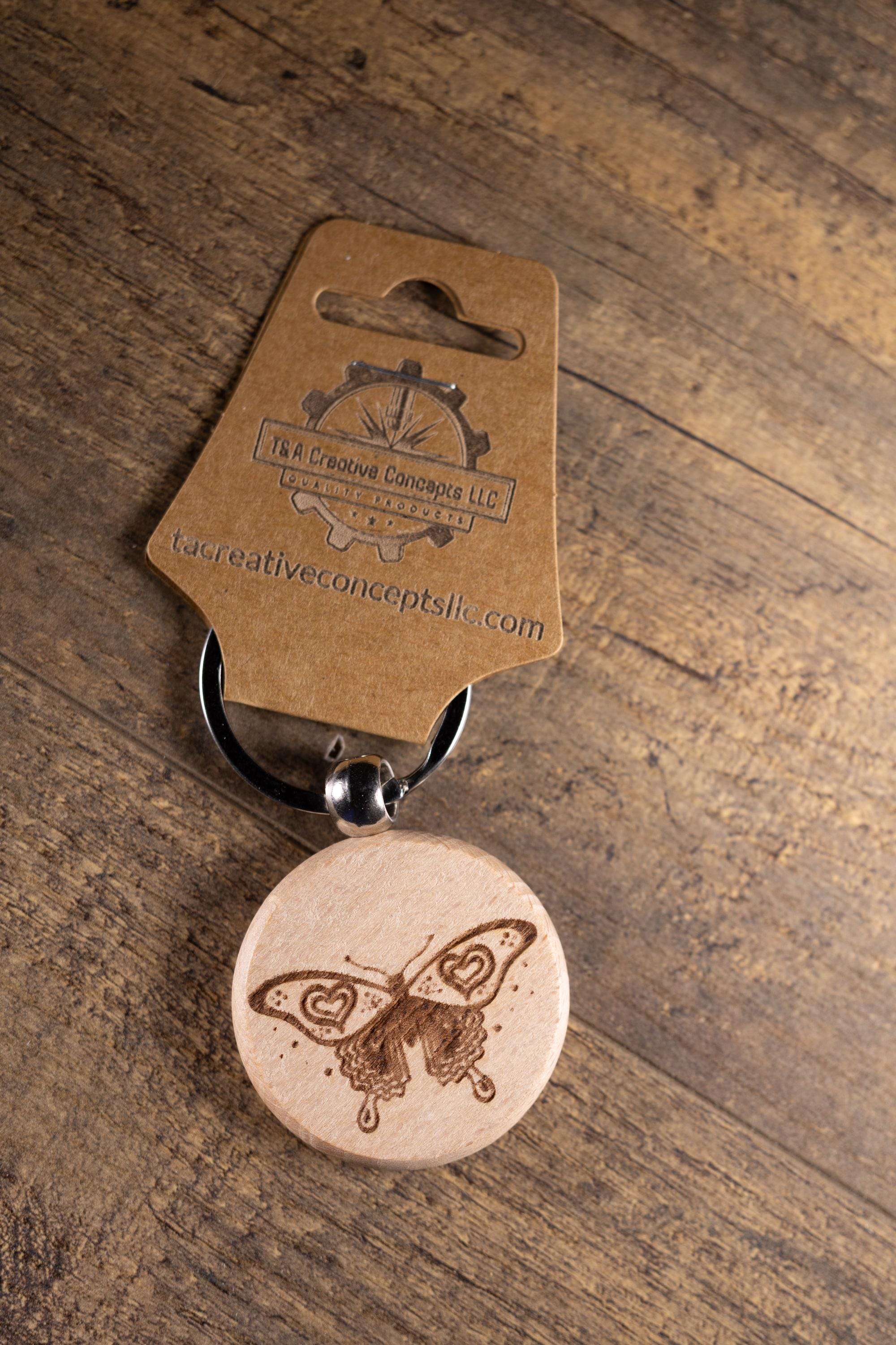 Laser Engraved Wood Butterfly Keychain / Bag Charm – Hardwood with Stainless Hardware – Nature Lover Gift