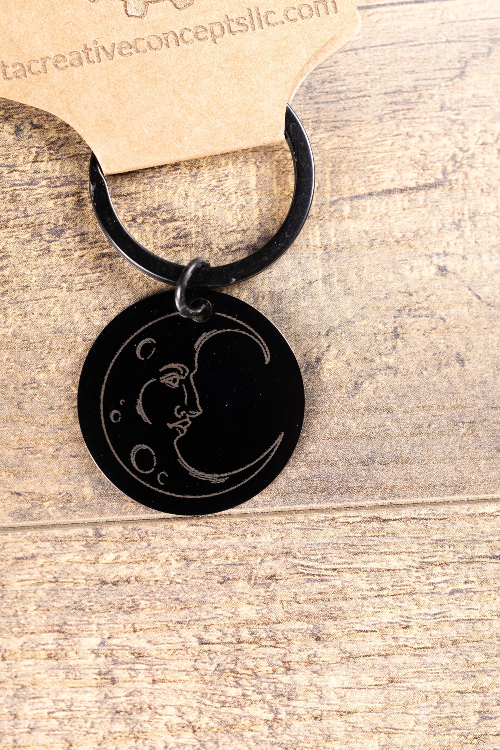 Black stainless steel moon keychain: laser engraved celestial gift
