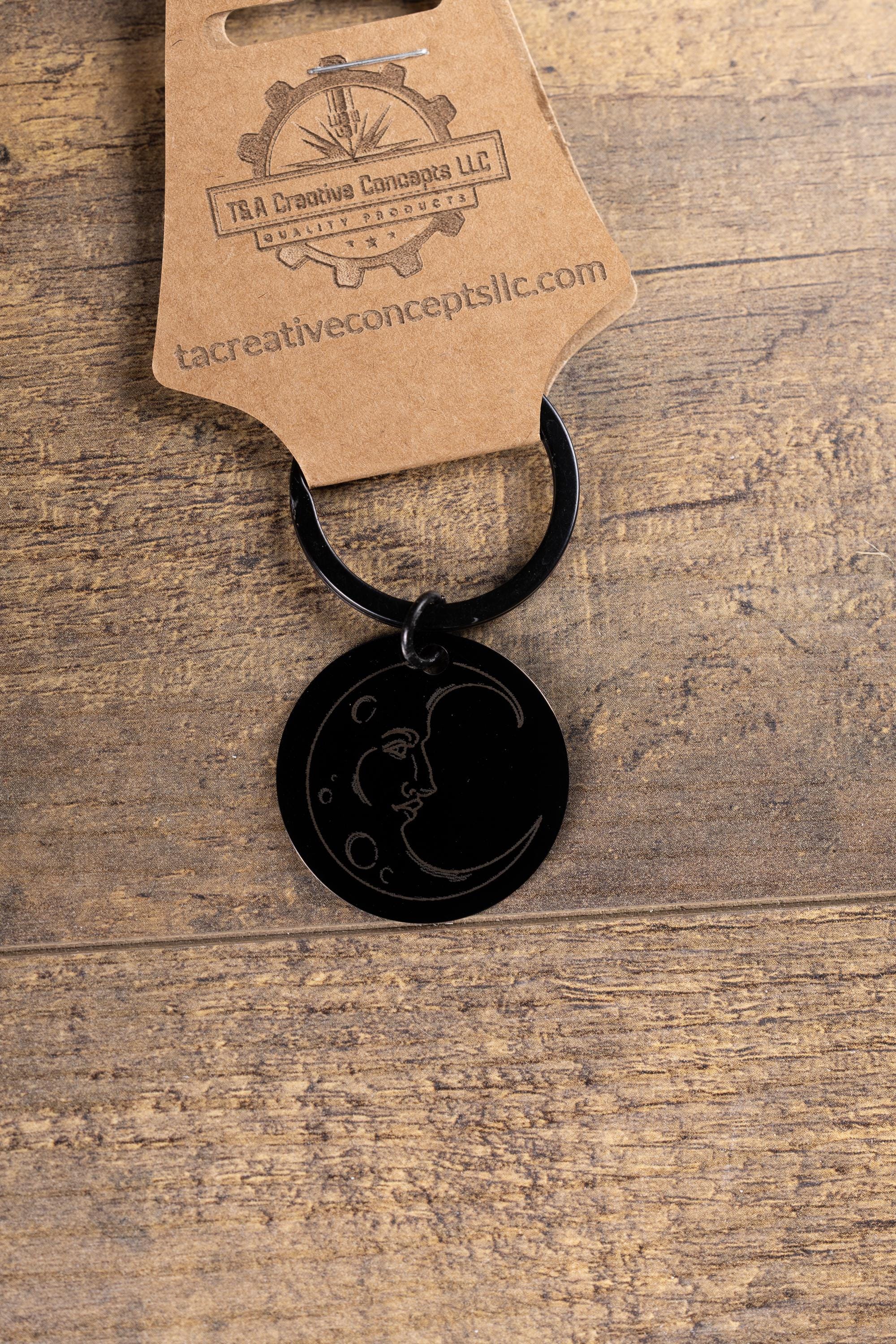 Black stainless steel moon keychain: laser engraved celestial gift