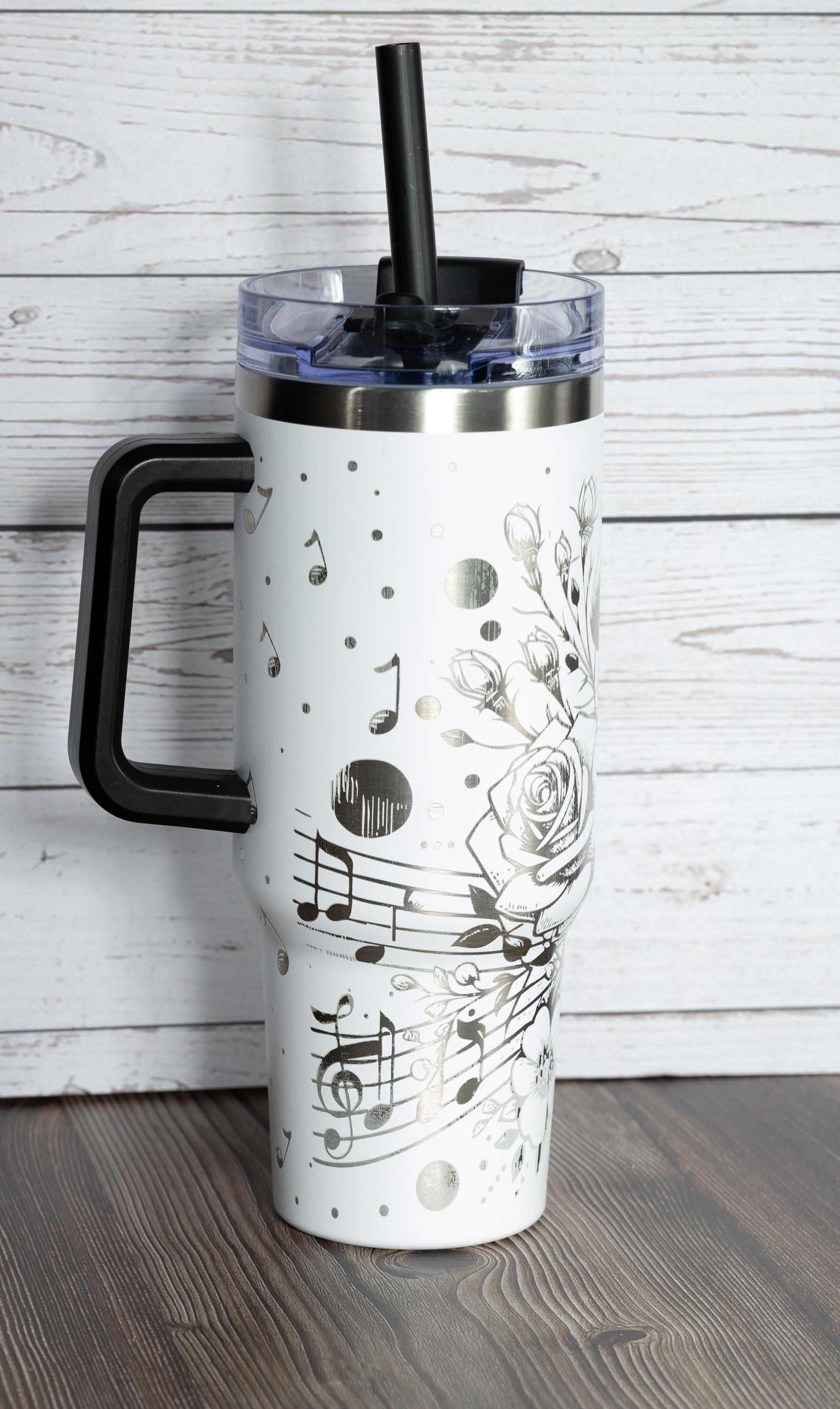 Music and roses tumbler: laser engraved 40oz floral gift