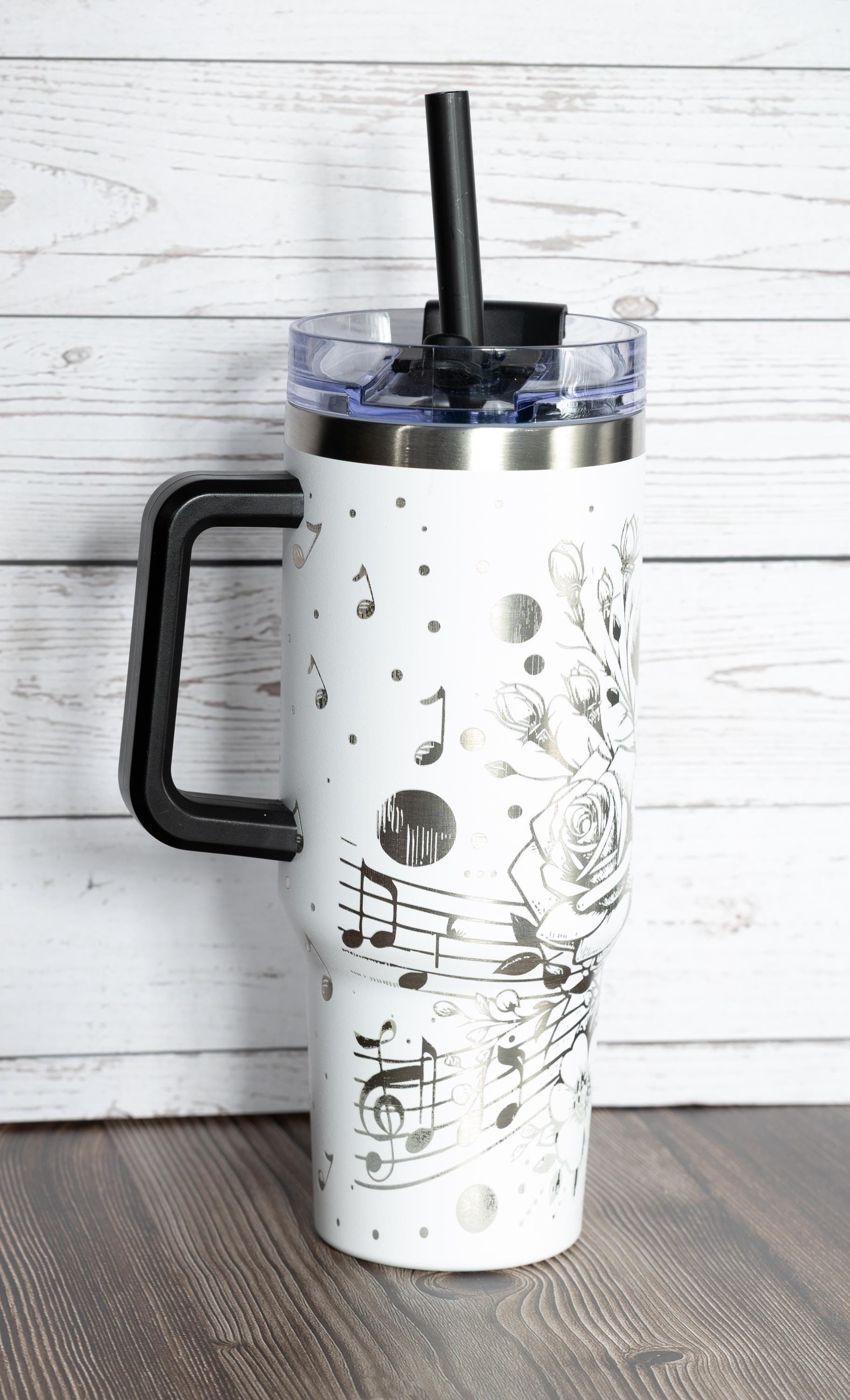 Music and roses tumbler: laser engraved 40oz floral gift