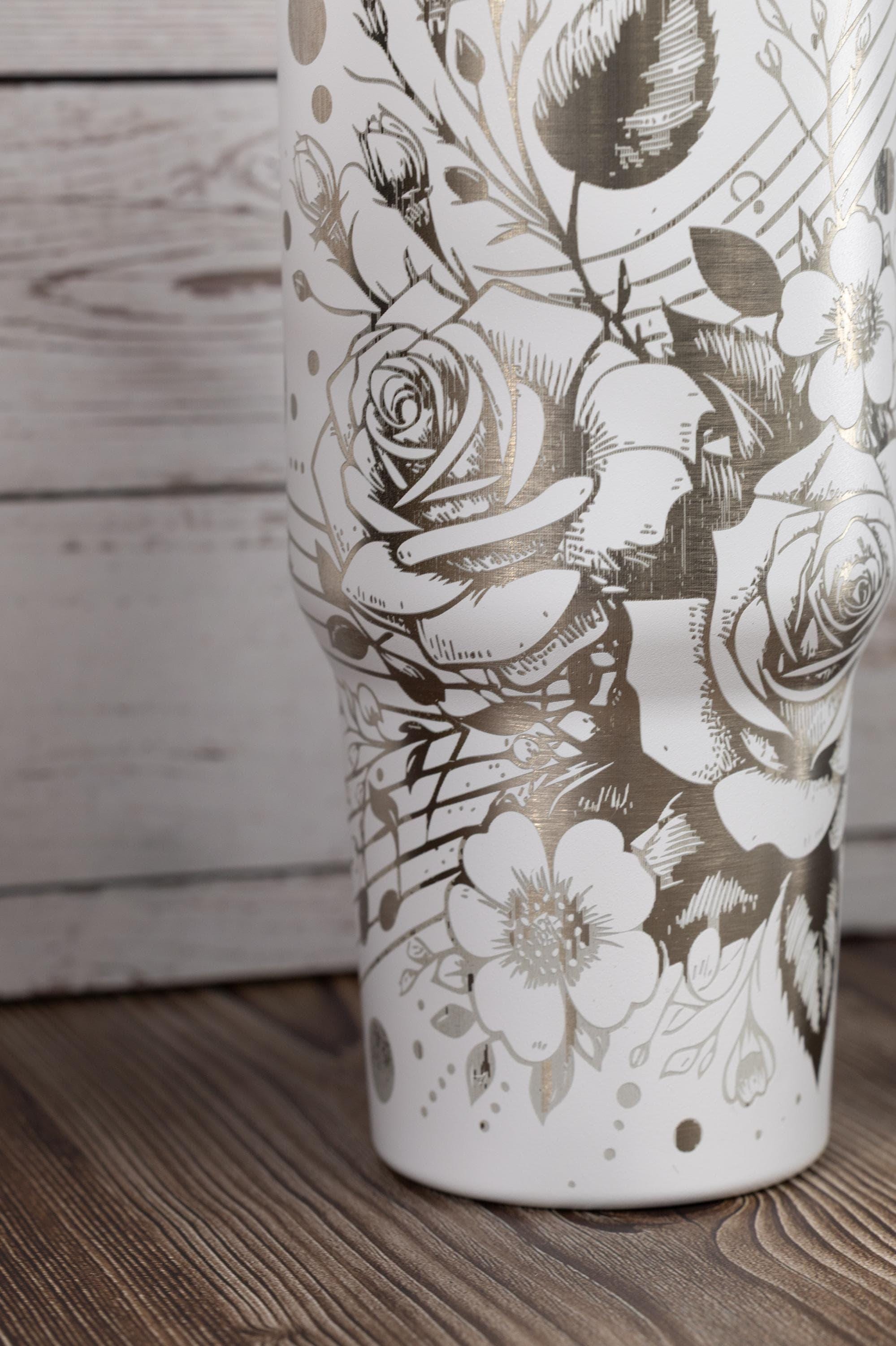 Music and roses tumbler: laser engraved 40oz floral gift