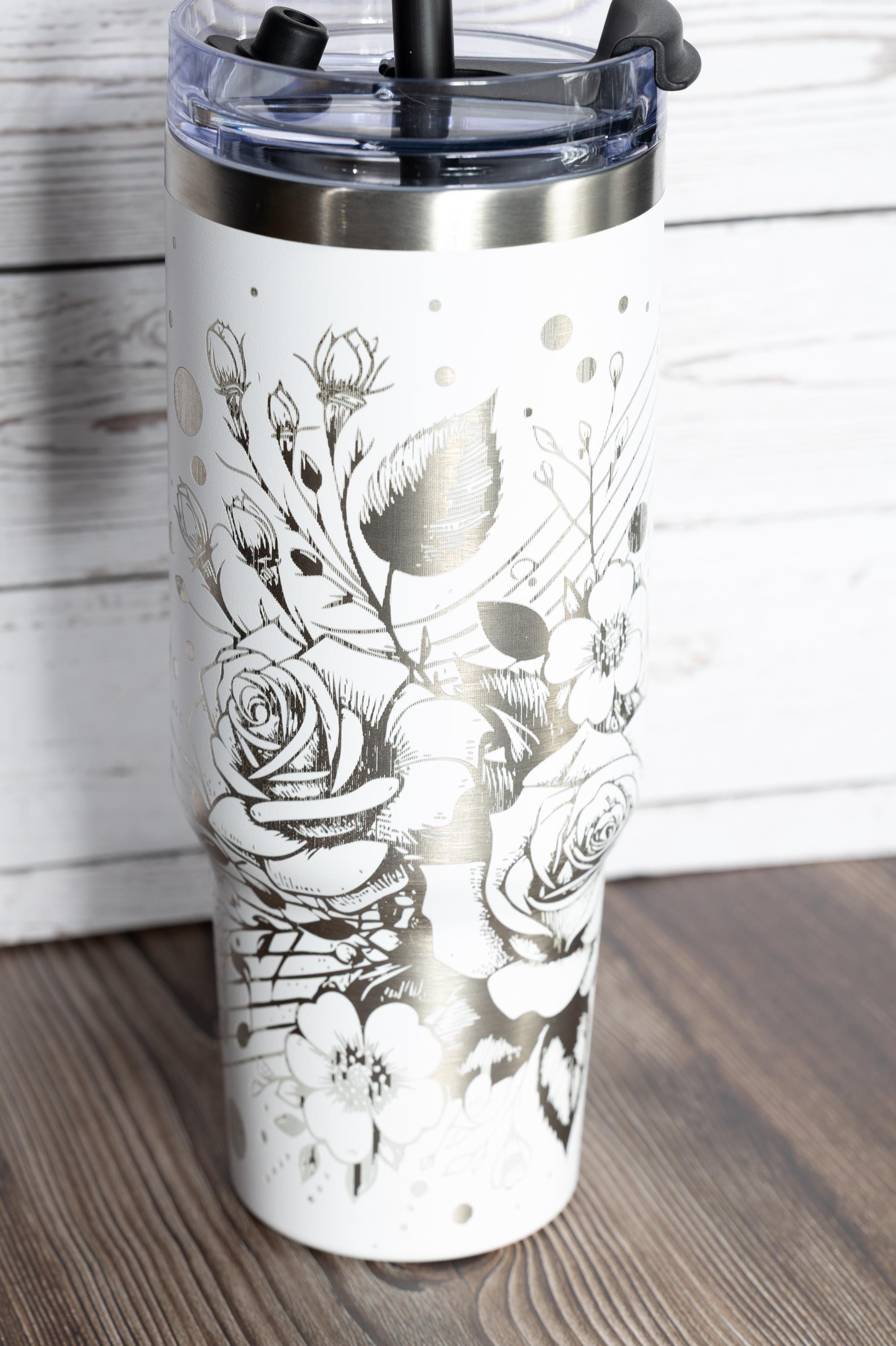 Music and roses tumbler: laser engraved 40oz floral gift