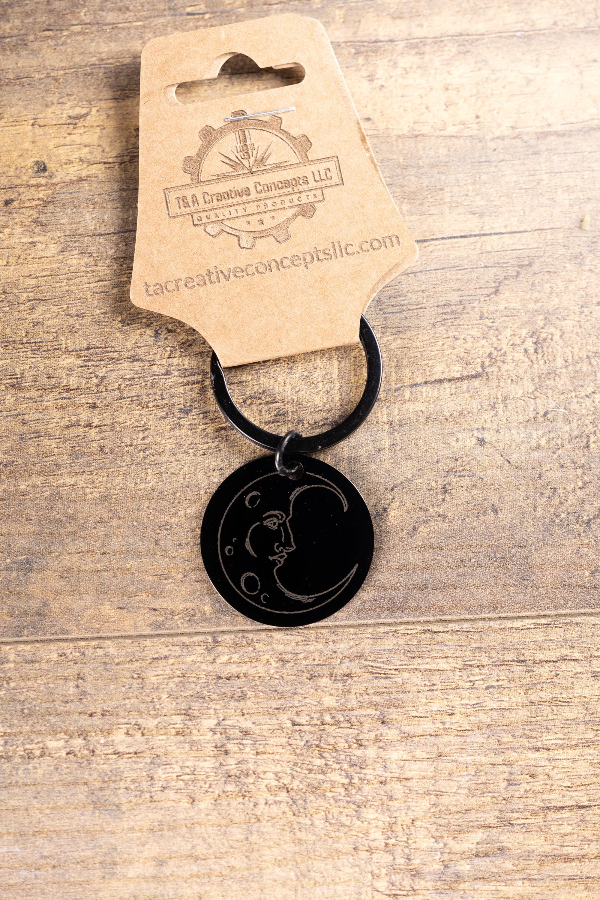 Black stainless steel moon keychain: laser engraved celestial gift