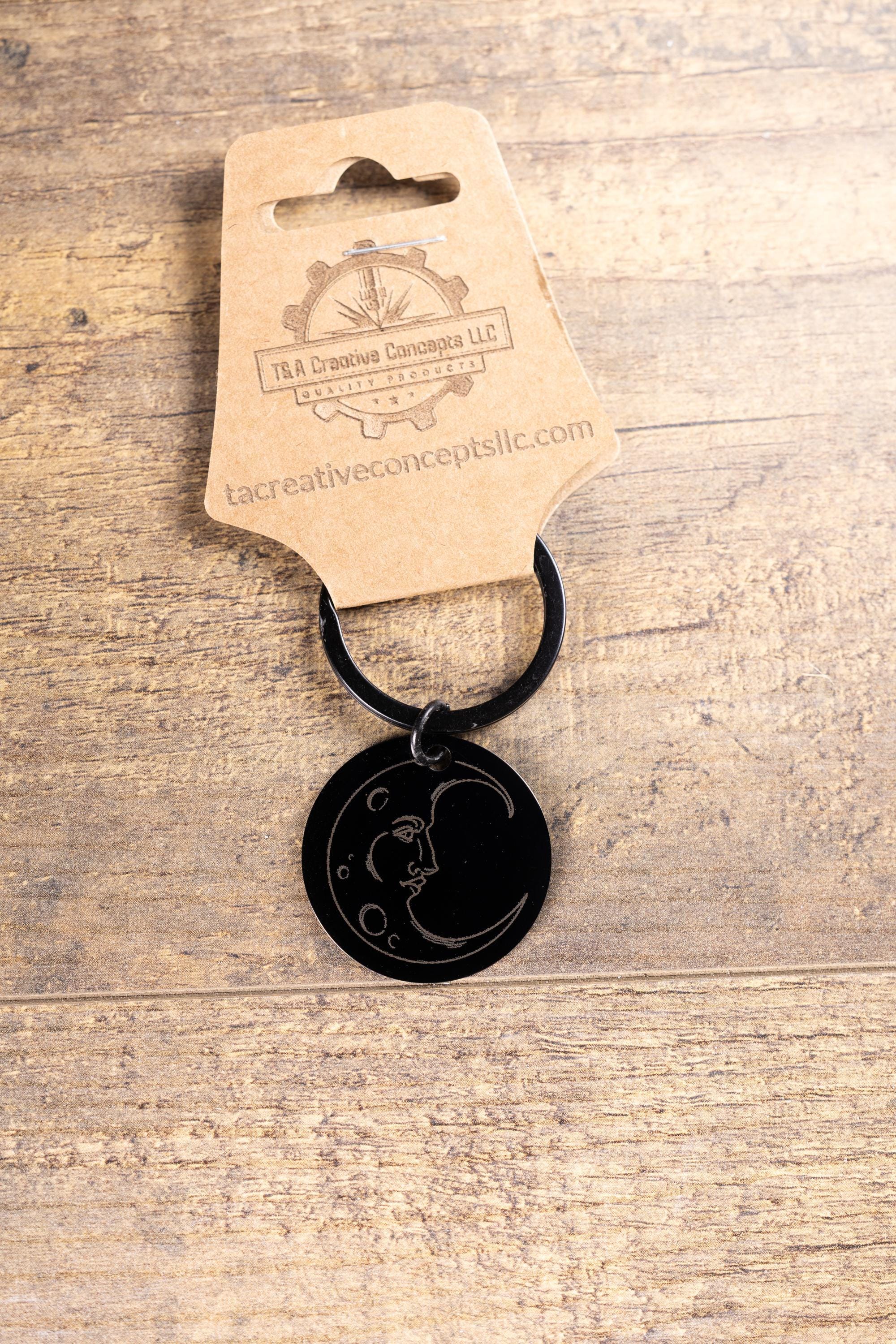Black stainless steel moon keychain: laser engraved celestial gift