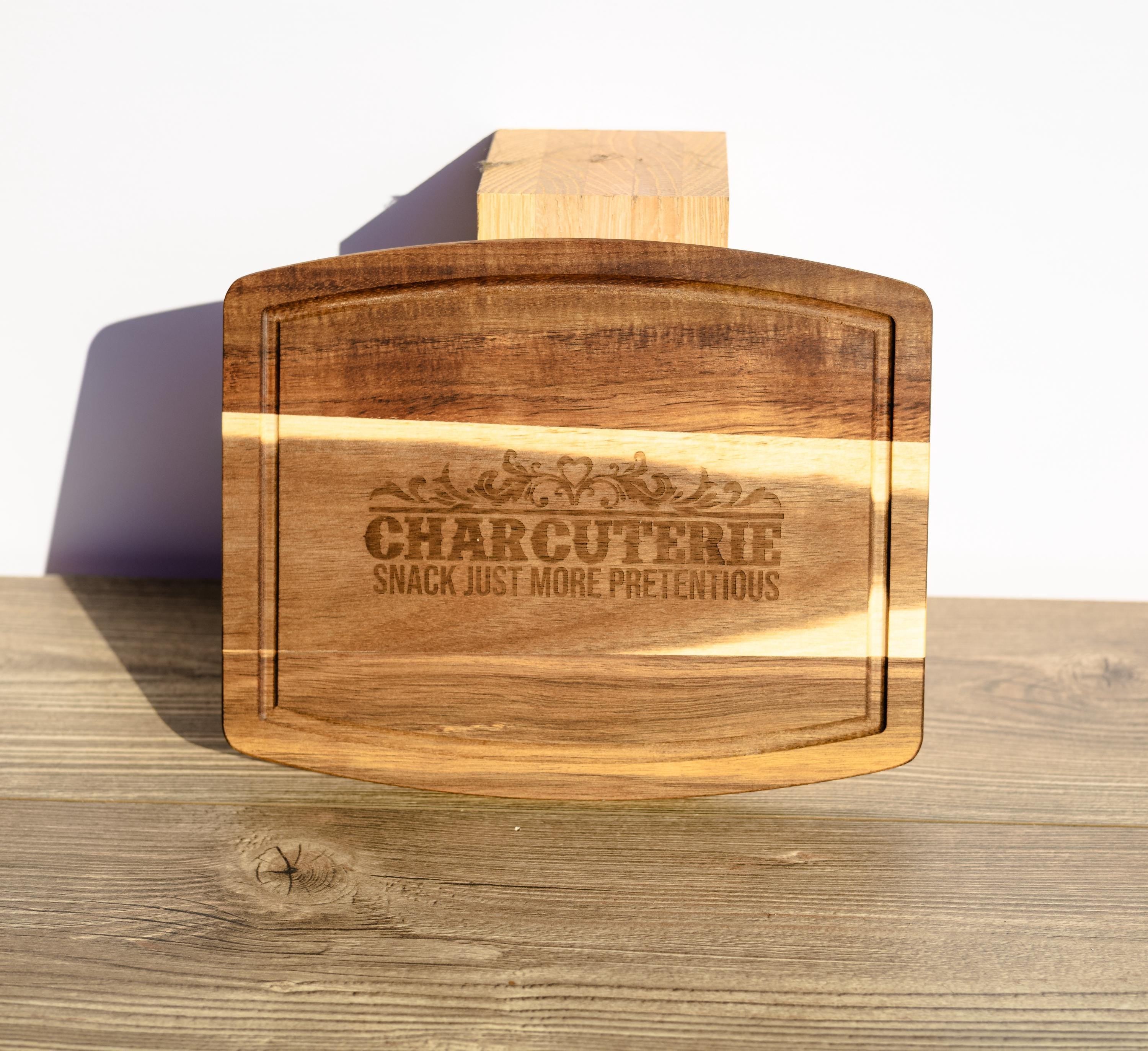 Laser engraved acacia wood charcuterie board - rustic serving tray (10"x12")