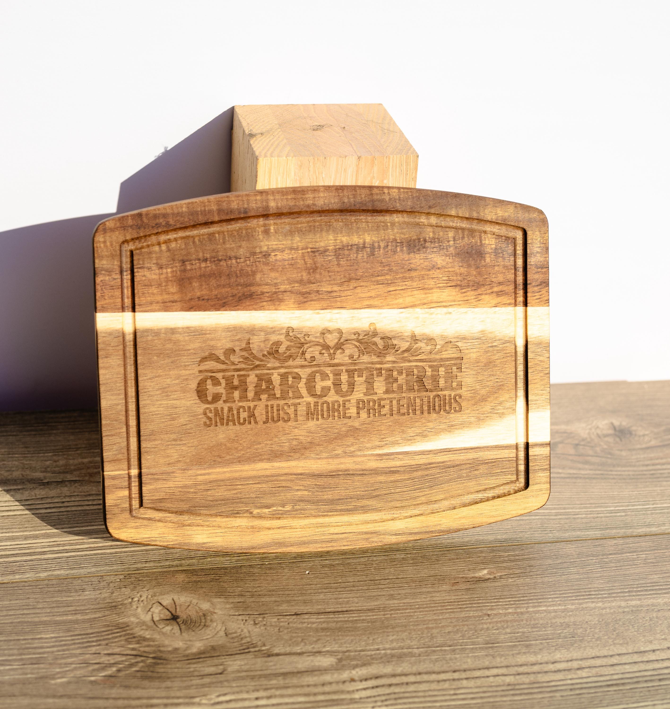 Laser engraved acacia wood charcuterie board - rustic serving tray (10"x12")