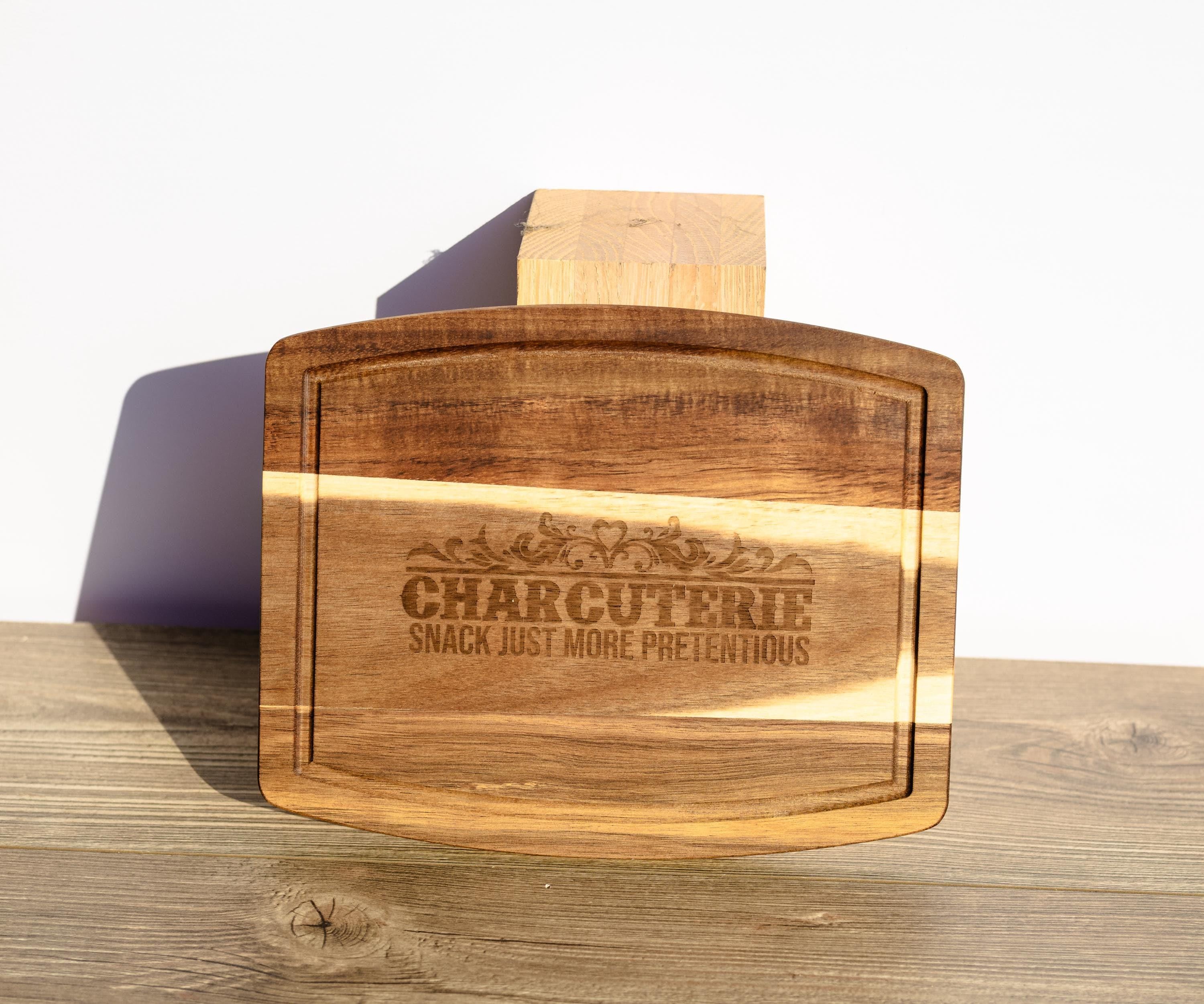 Laser engraved acacia wood charcuterie board - rustic serving tray (10"x12")