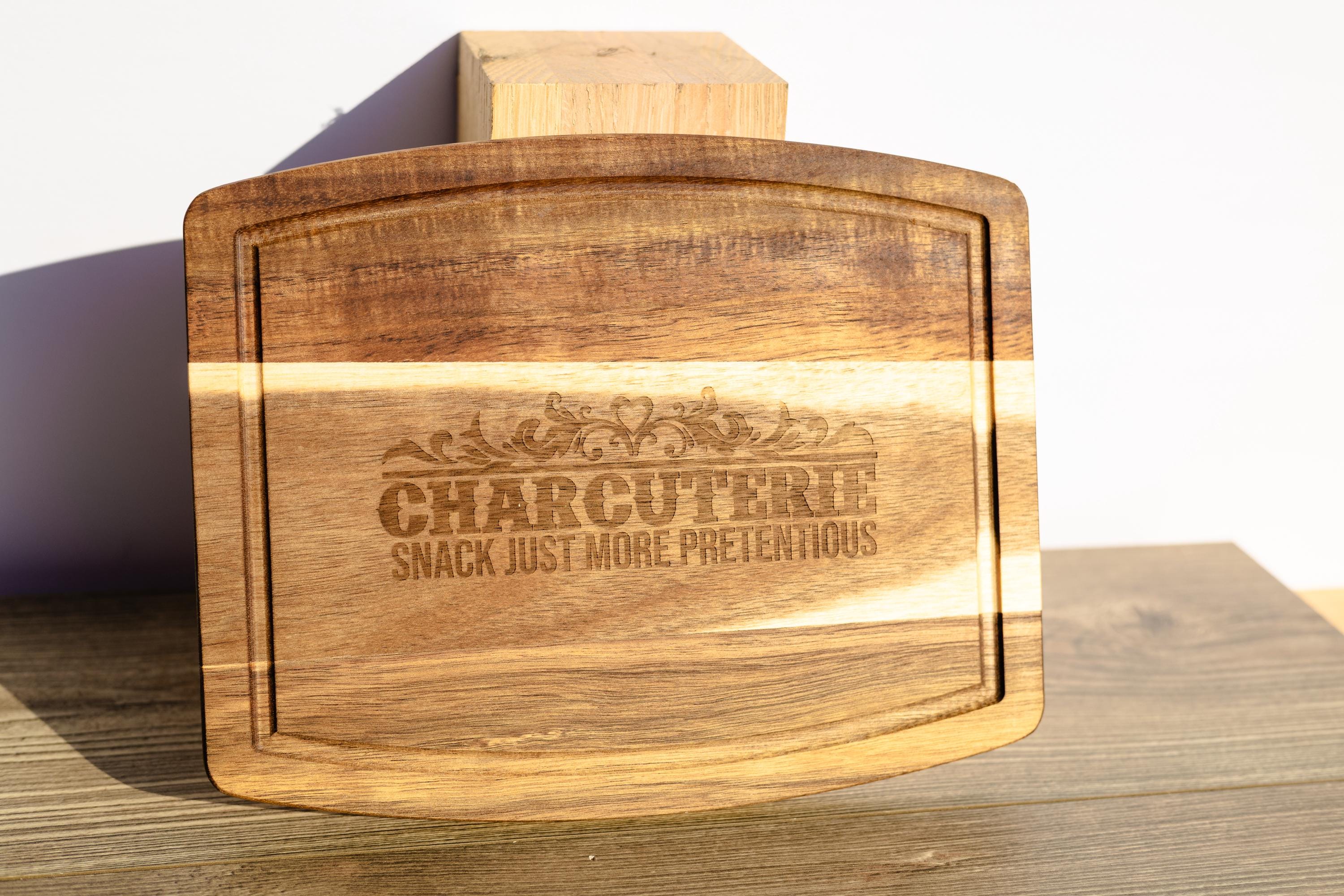 Laser engraved acacia wood charcuterie board - rustic serving tray (10"x12")
