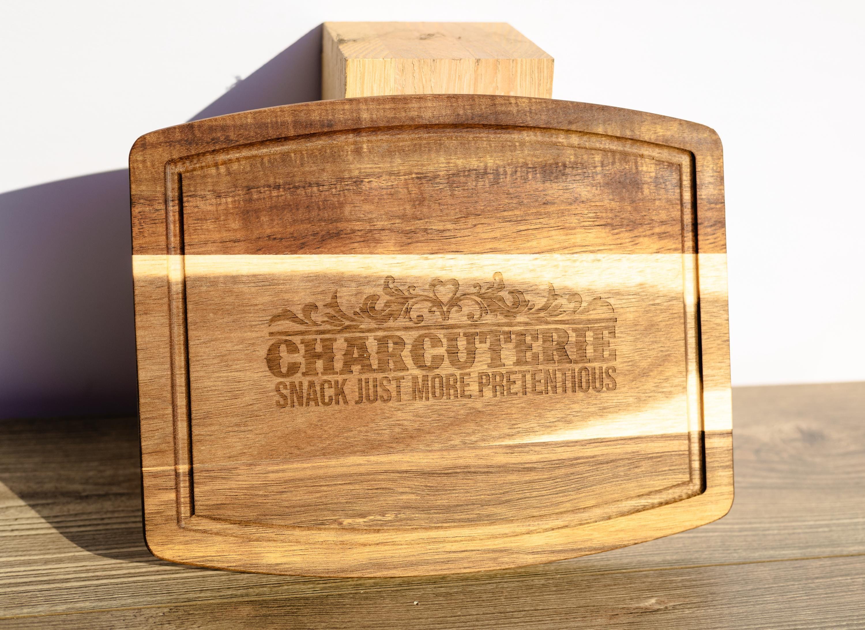 Laser engraved acacia wood charcuterie board - rustic serving tray (10"x12")