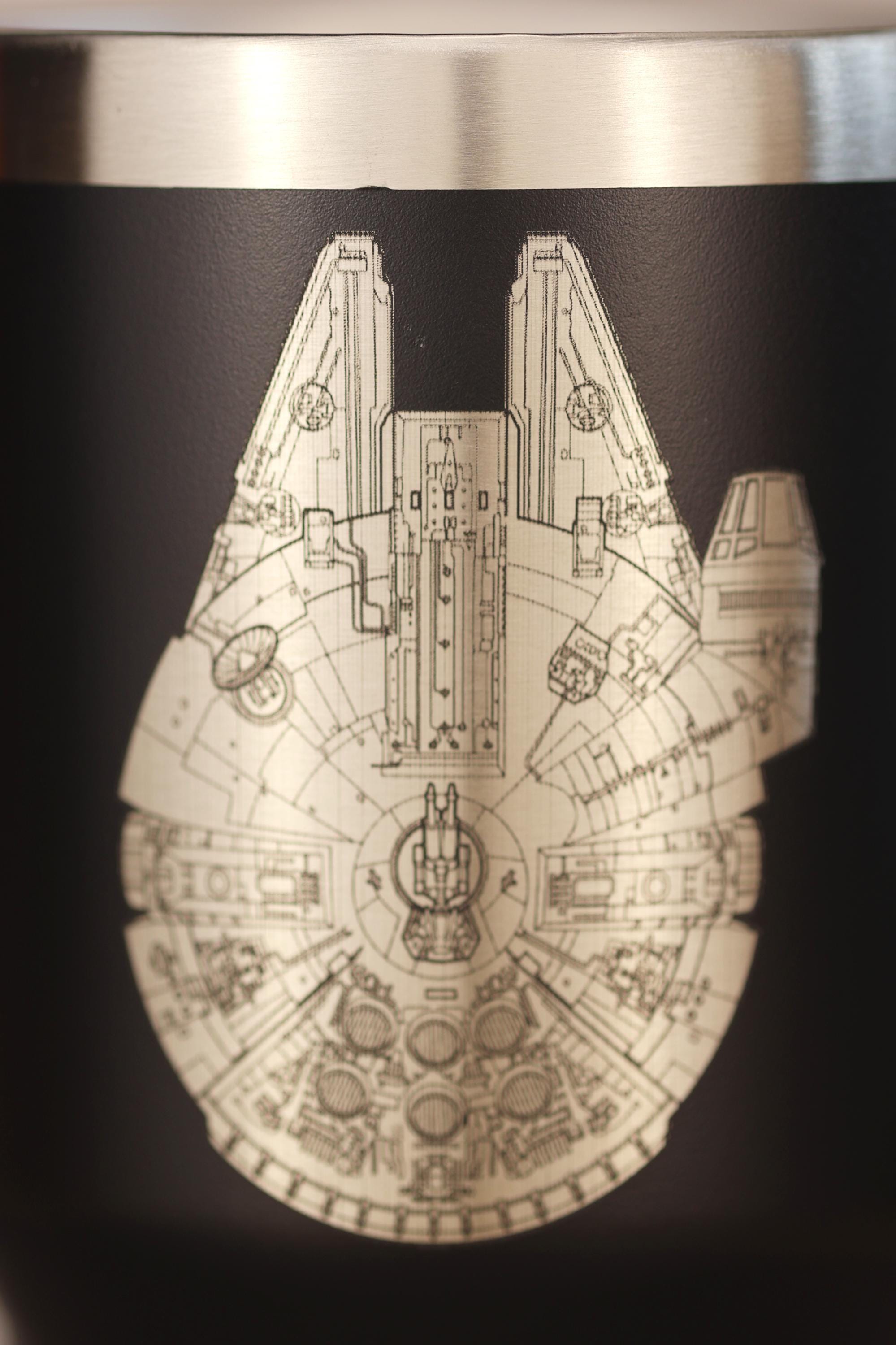 Millennium falcon tumbler: laser engraved star wars travel cup