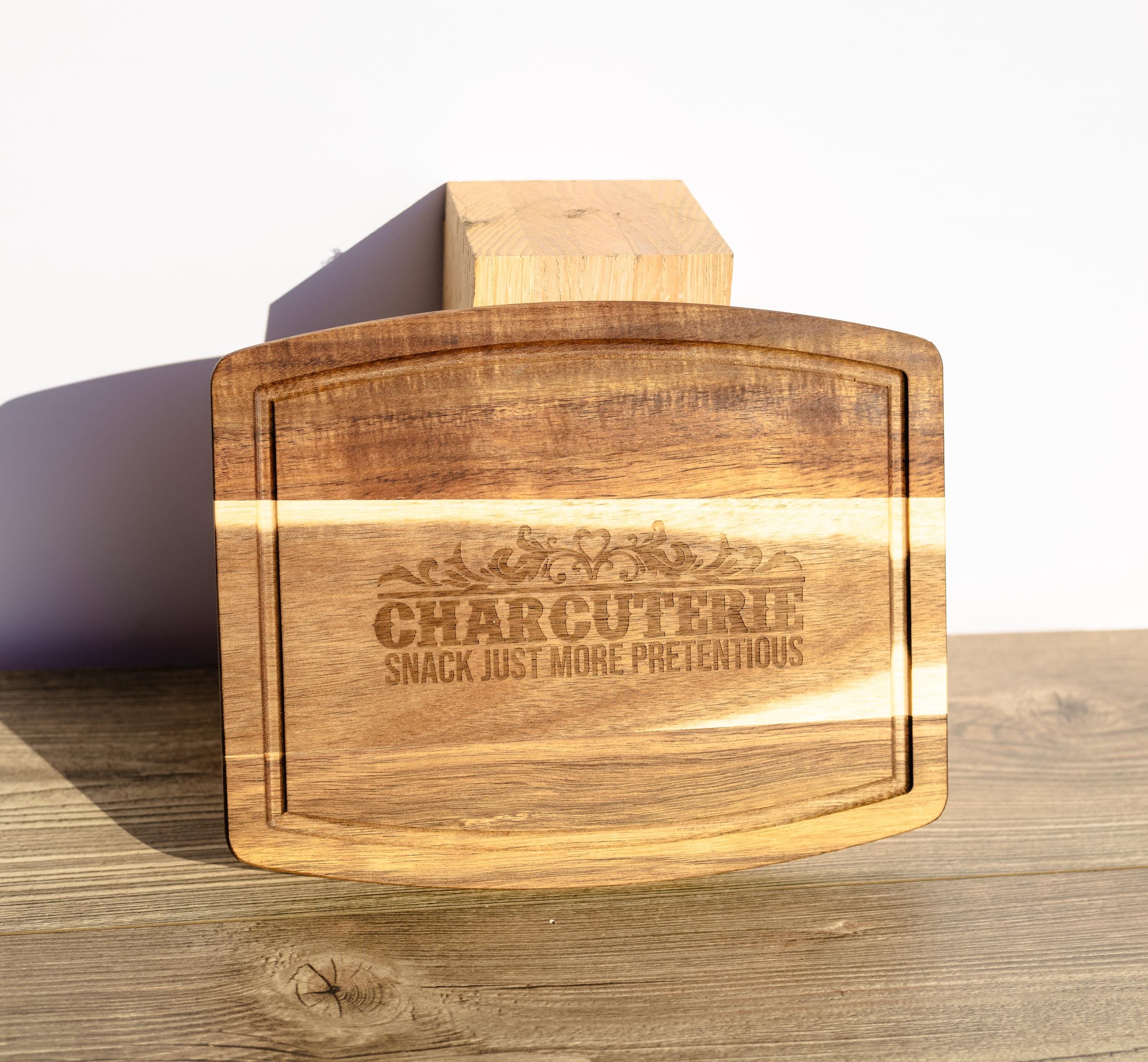 Laser engraved acacia wood charcuterie board - rustic serving tray (10"x12")