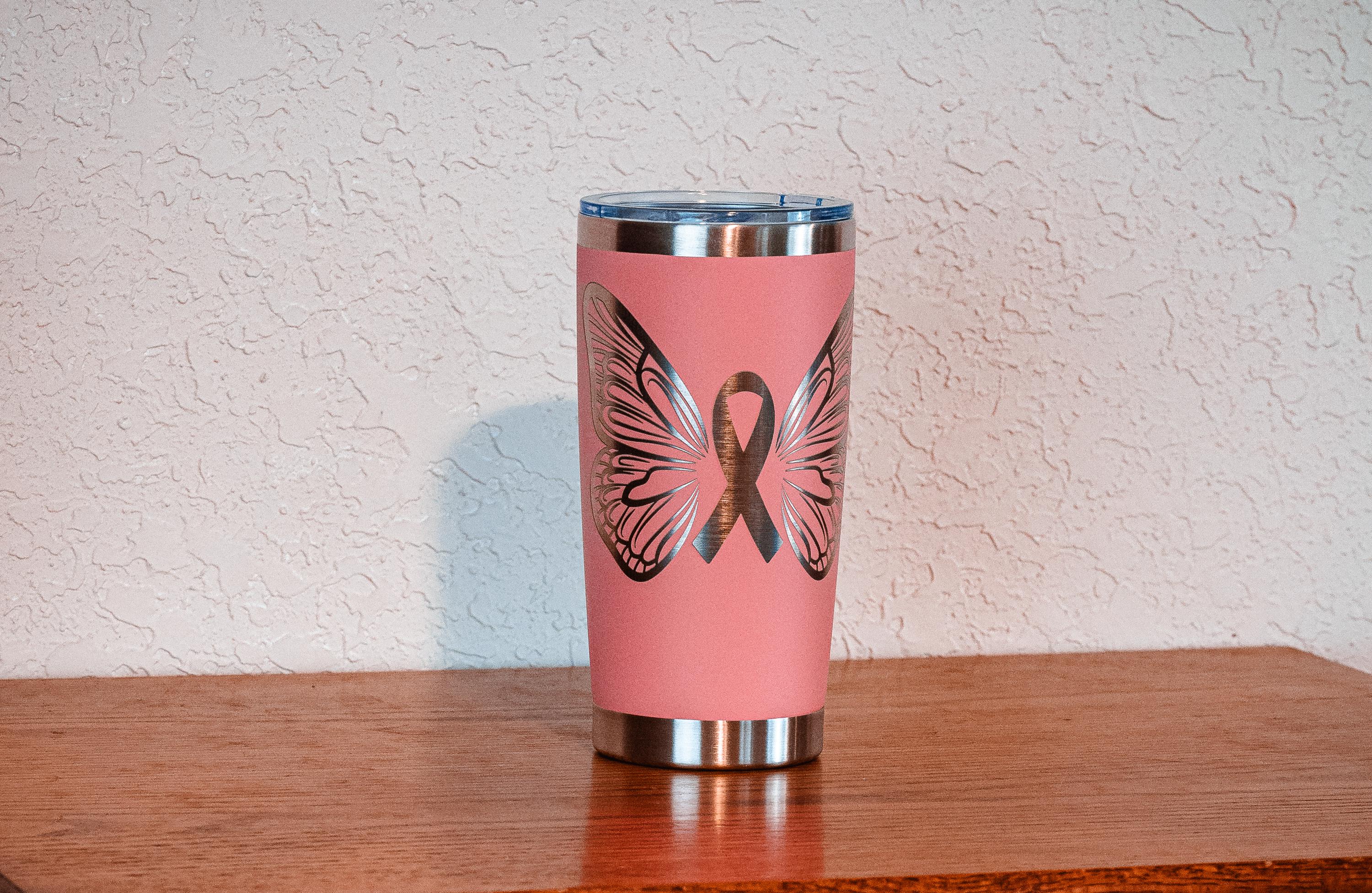 Pink Ribbon Butterfly 20oz Stainless Steel Tumbler – Breast Cancer Awareness – Five Dollar Donation to Susan G. Komen Foundation