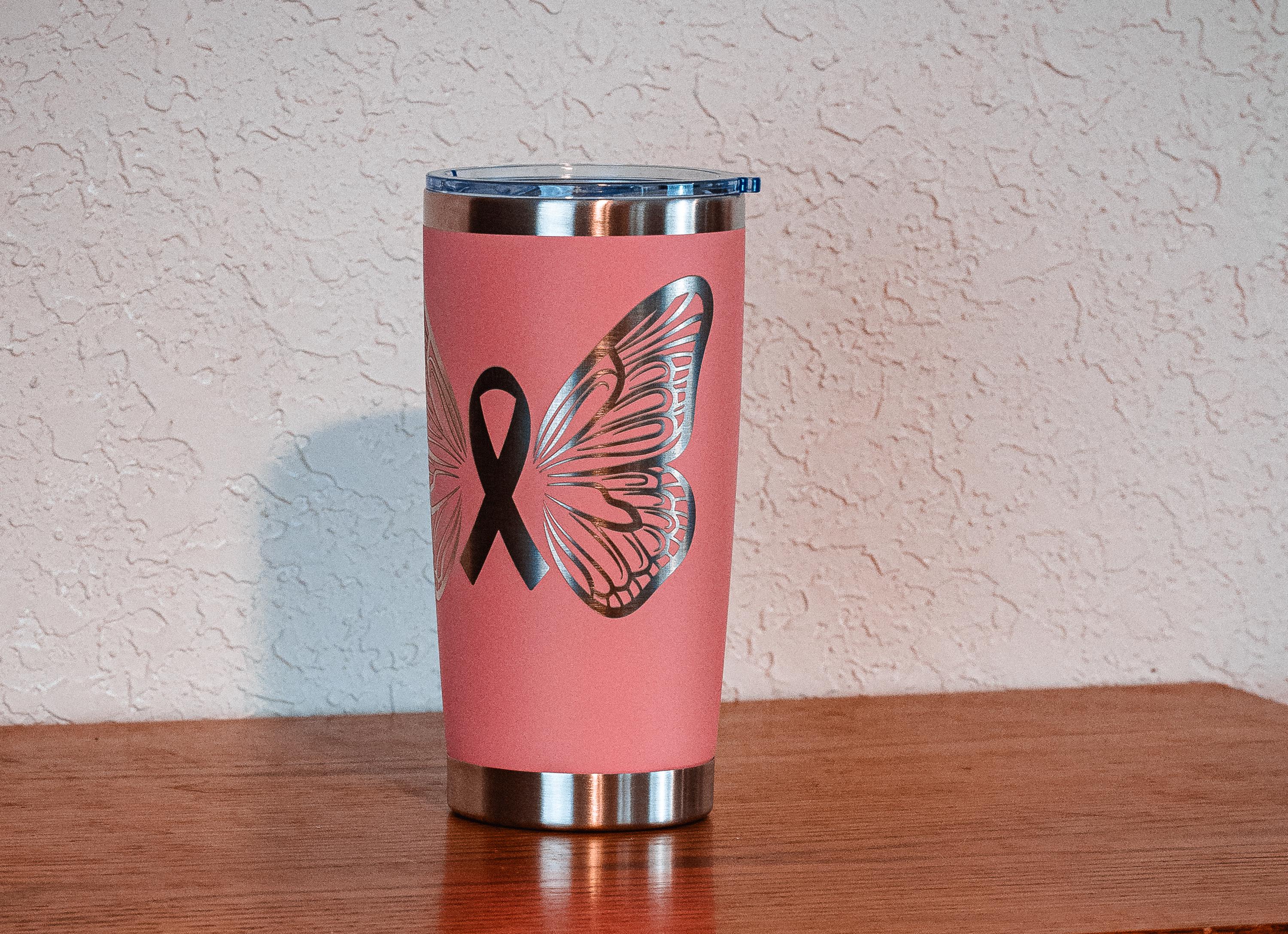 Pink Ribbon Butterfly 20oz Stainless Steel Tumbler – Breast Cancer Awareness – Five Dollar Donation to Susan G. Komen Foundation