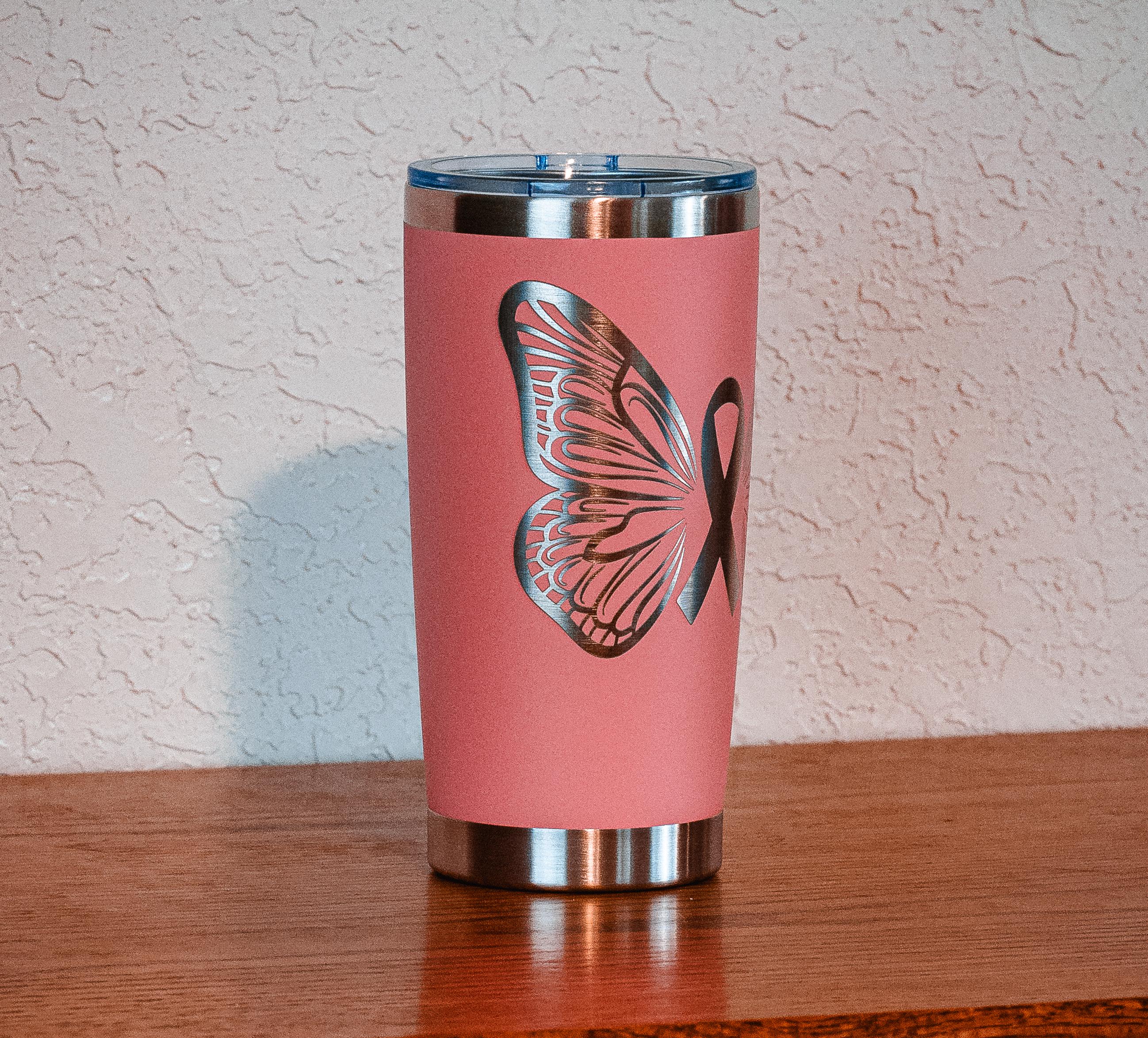 Pink Ribbon Butterfly 20oz Stainless Steel Tumbler – Breast Cancer Awareness – Five Dollar Donation to Susan G. Komen Foundation