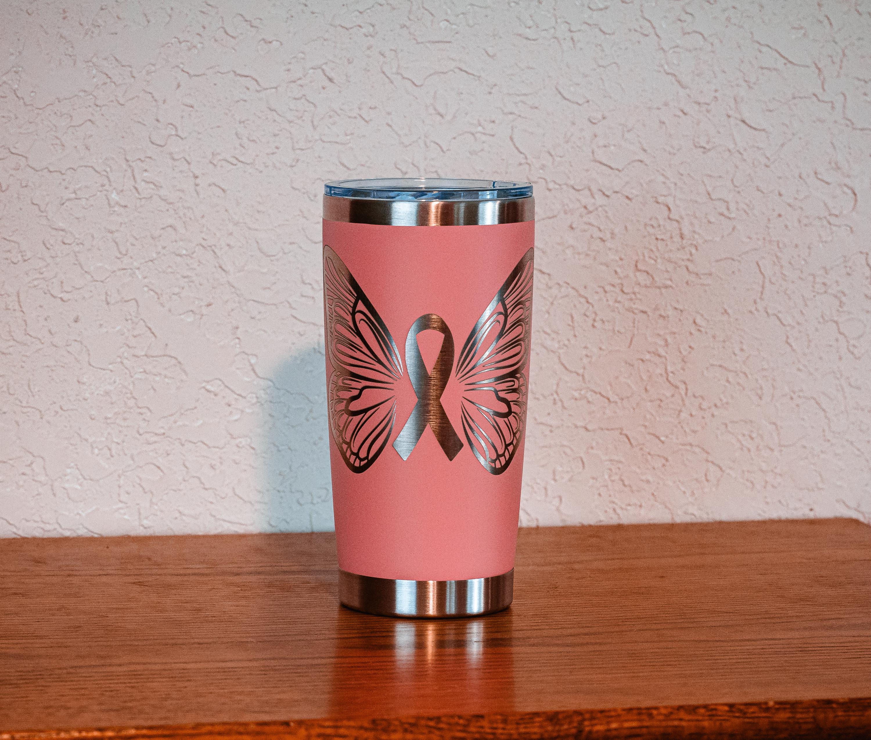 Pink Ribbon Butterfly 20oz Stainless Steel Tumbler – Breast Cancer Awareness – Five Dollar Donation to Susan G. Komen Foundation