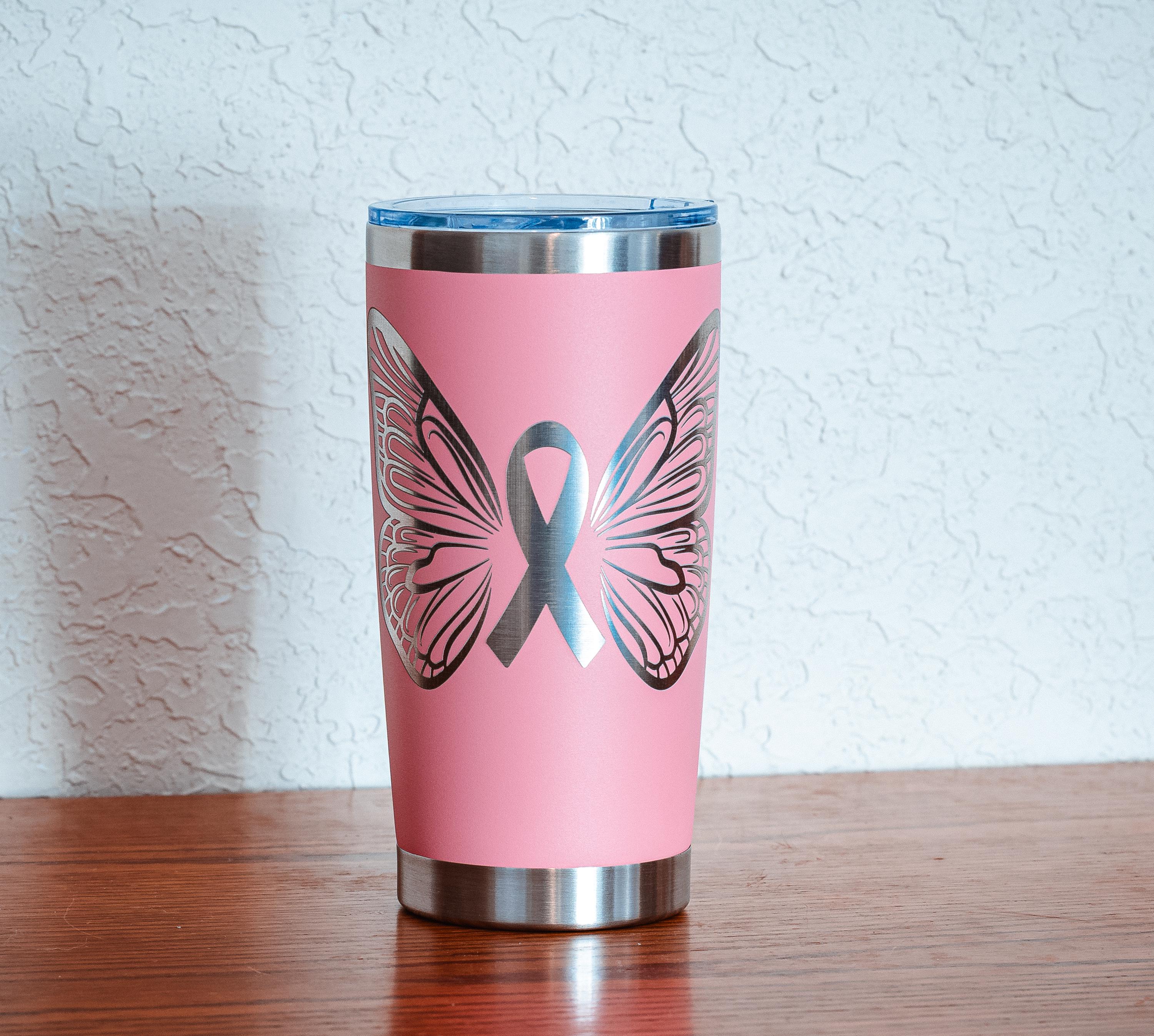 Pink Ribbon Butterfly 20oz Stainless Steel Tumbler – Breast Cancer Awareness – Five Dollar Donation to Susan G. Komen Foundation