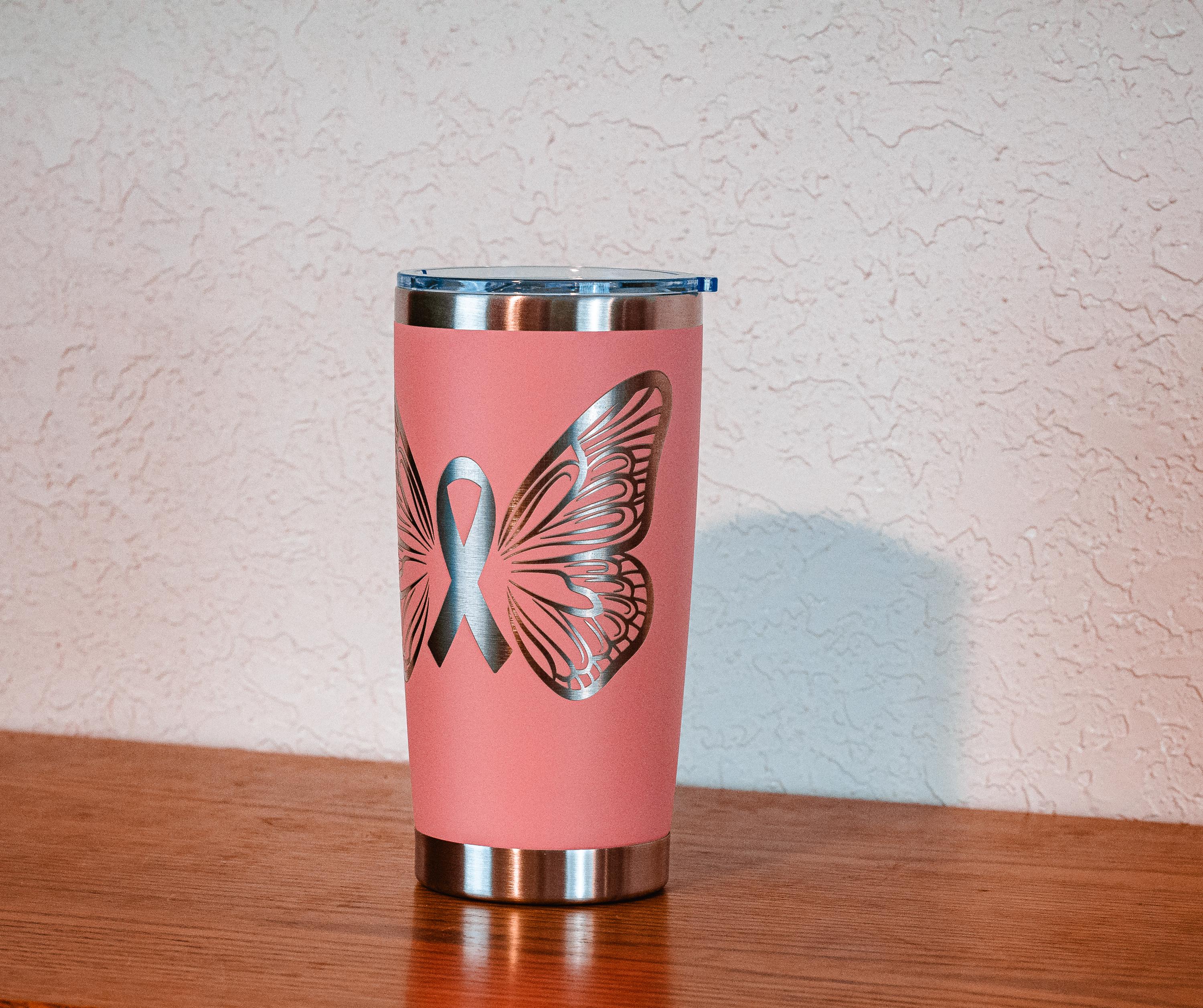Pink Ribbon Butterfly 20oz Stainless Steel Tumbler – Breast Cancer Awareness – Five Dollar Donation to Susan G. Komen Foundation
