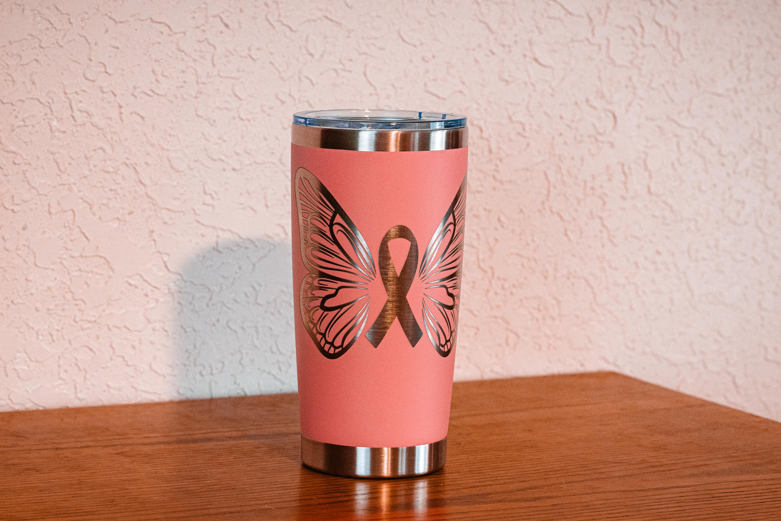 Pink Ribbon Butterfly 20oz Stainless Steel Tumbler – Breast Cancer Awareness – Five Dollar Donation to Susan G. Komen Foundation
